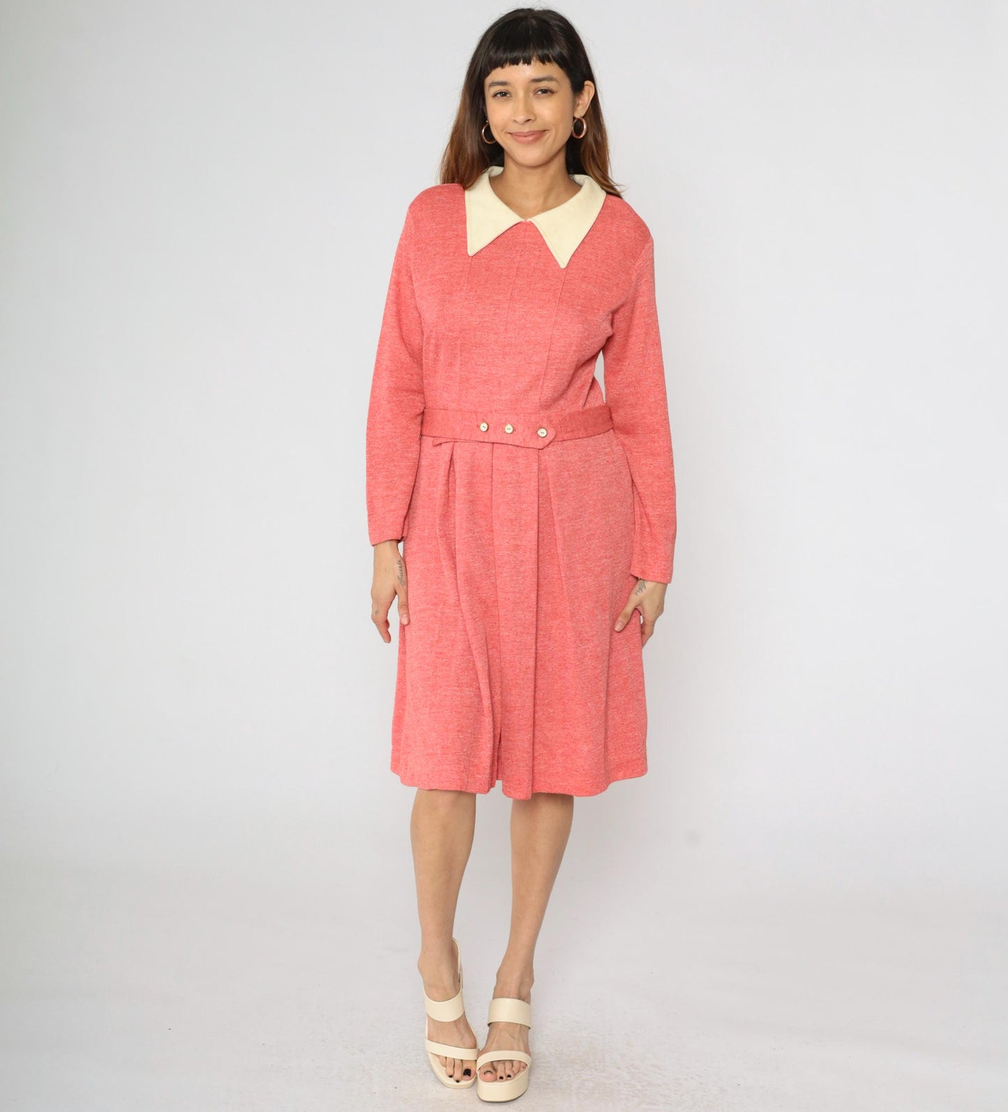 70s Mod Dress Pink Pleated Midi High Waist Contrast Collar Long Sleeve Large L