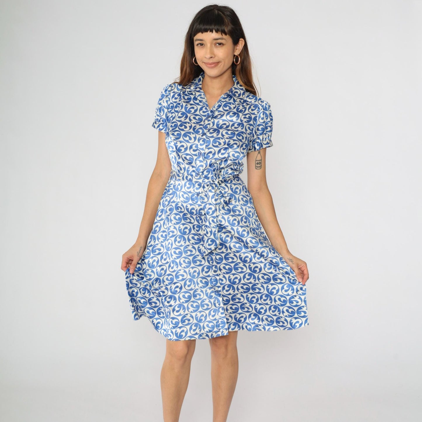 80s JG Hook Blue White Geometric Midi Shirt Dress Puff Sleeve Button Front Small