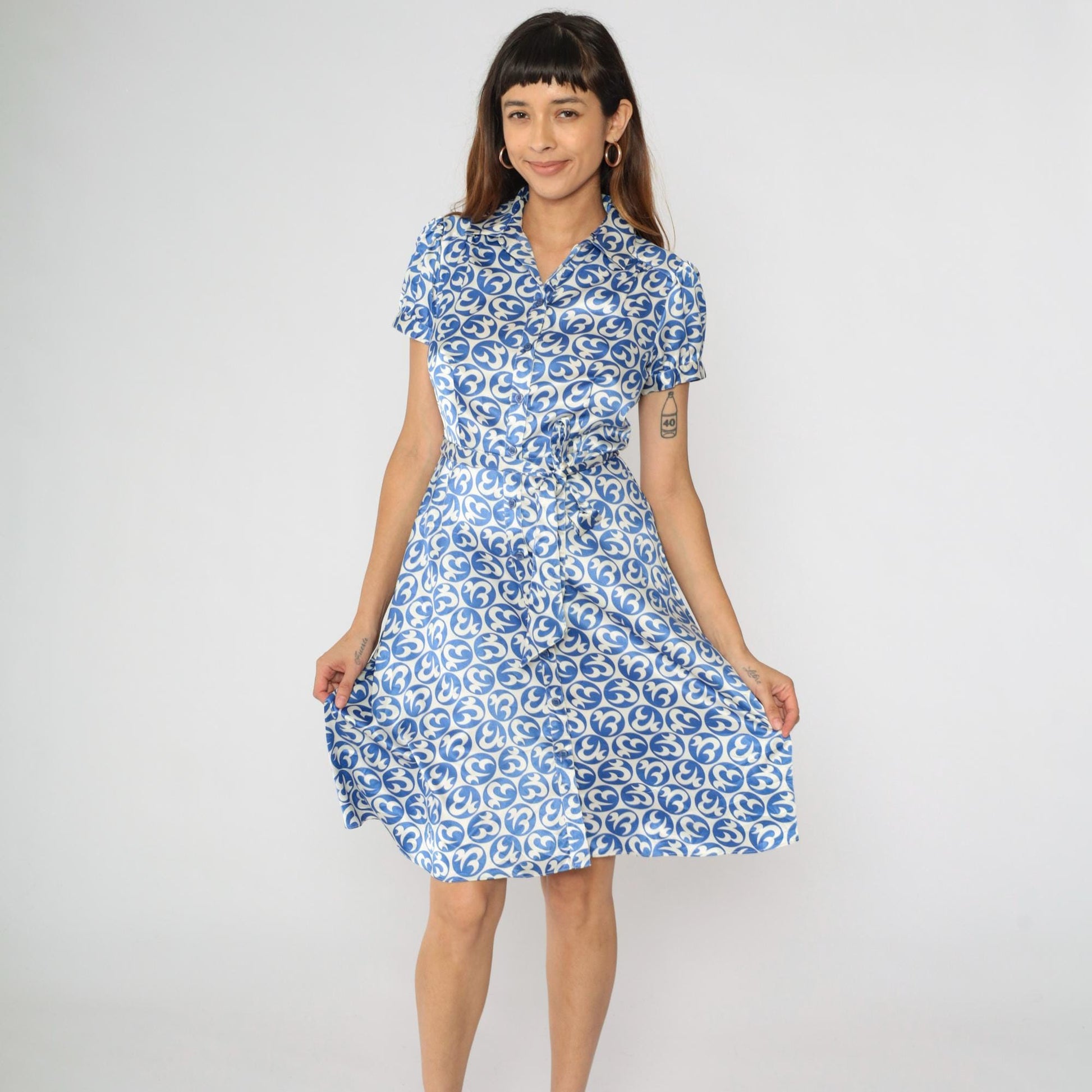 80s JG Hook Blue White Geometric Midi Shirt Dress Puff Sleeve Button Front Small
