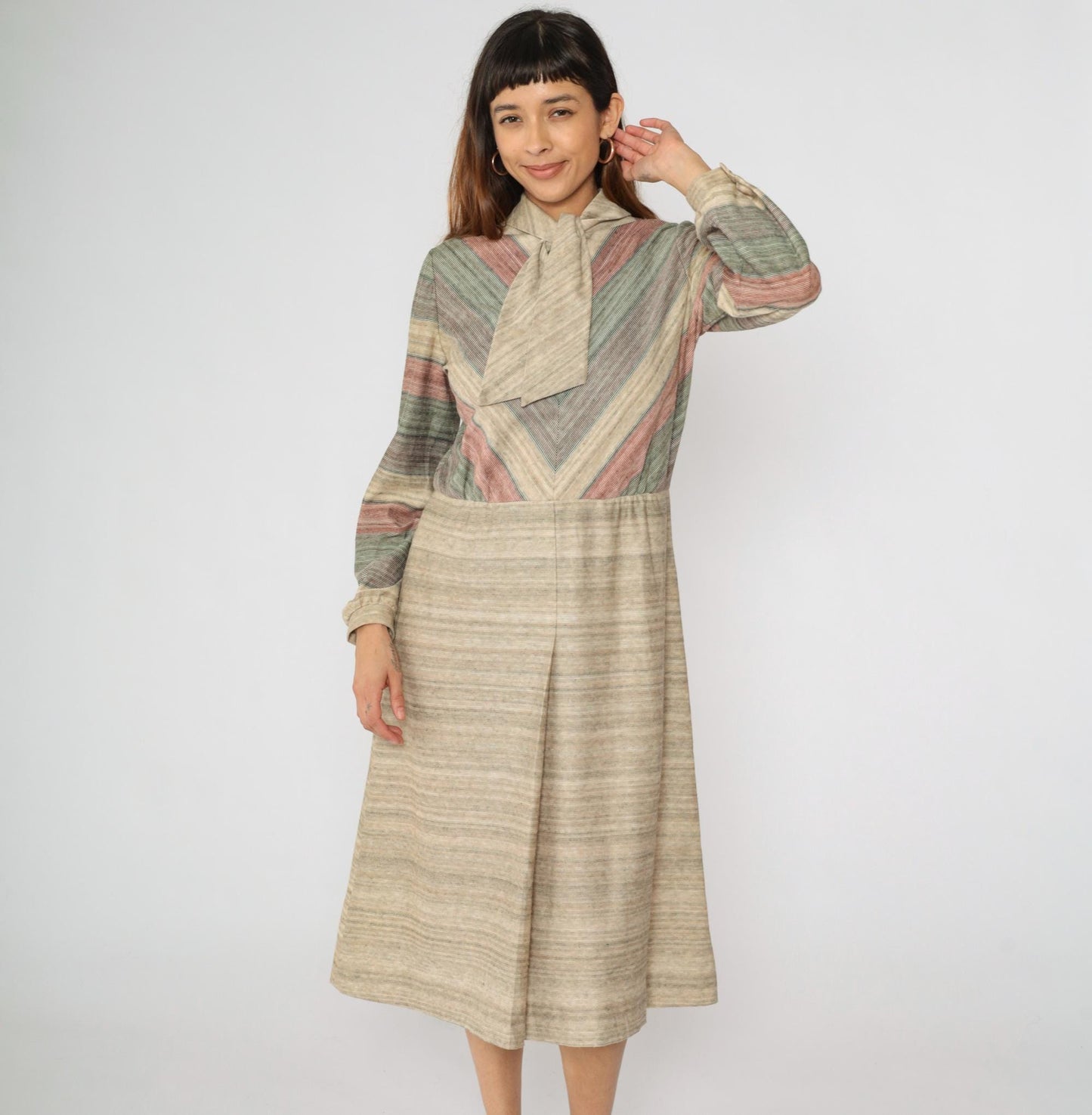 70s Kay Windsor Chevron Stripe Midi Dress Taupe Ascot Long Sleeve Medium Large