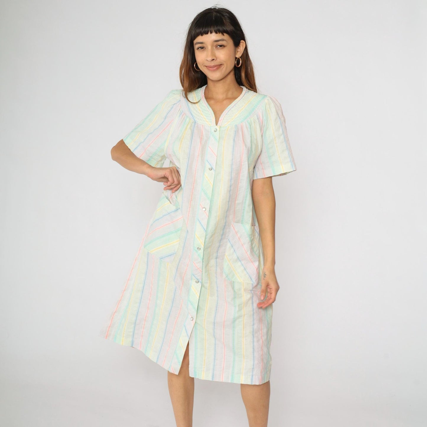80s Barbizon Pastel Seersucker Midi Dress Puff Sleeve Pearl Snap Medium M