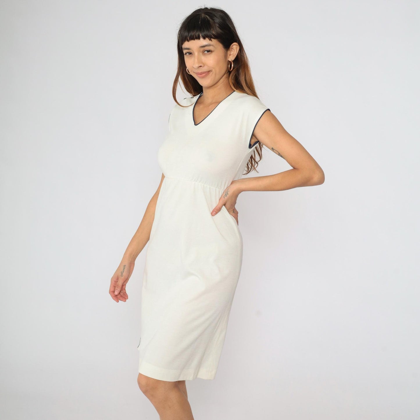 80s Lisette Cream Midi Dress Navy Piping V-Neck Cap Sleeve Extra Small