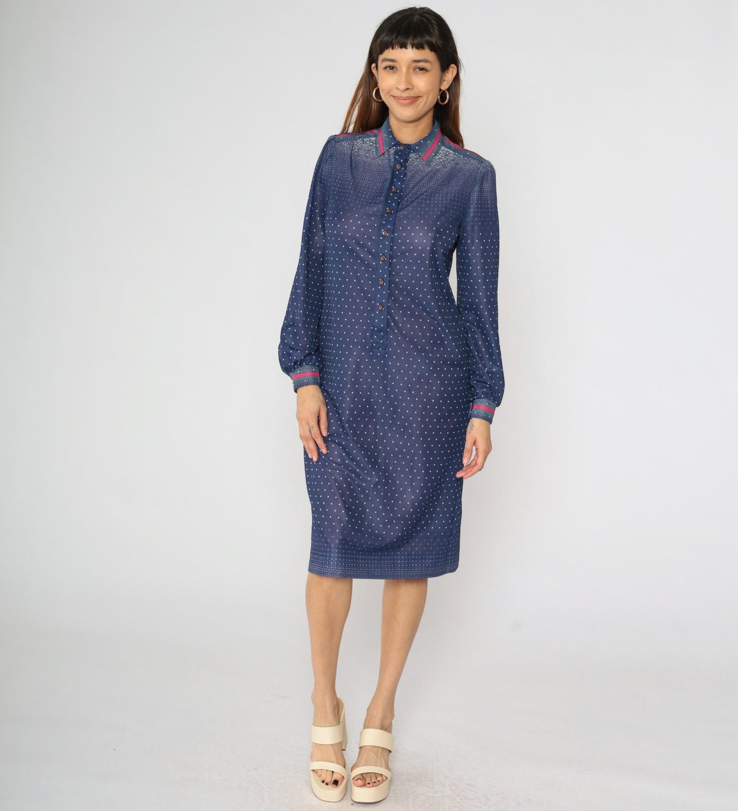 70s Dark Blue Polka Dot Shirtdress Midi Puff Sleeve Collared Button-Up Medium