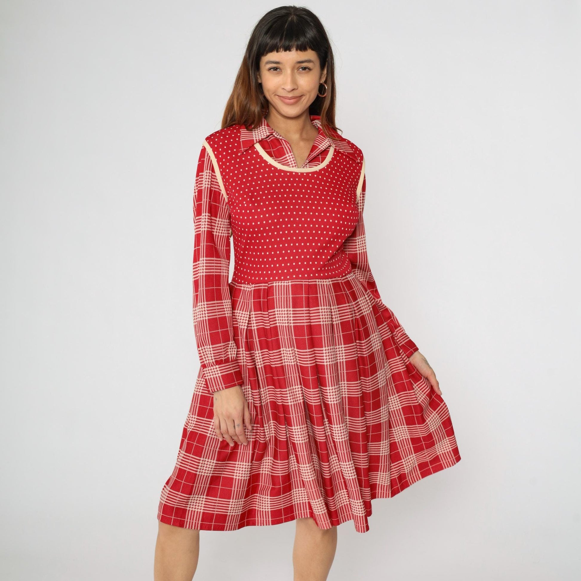 70s Plaid Polka Dot Dress Red High Waist Pleated Vest Midi Medium