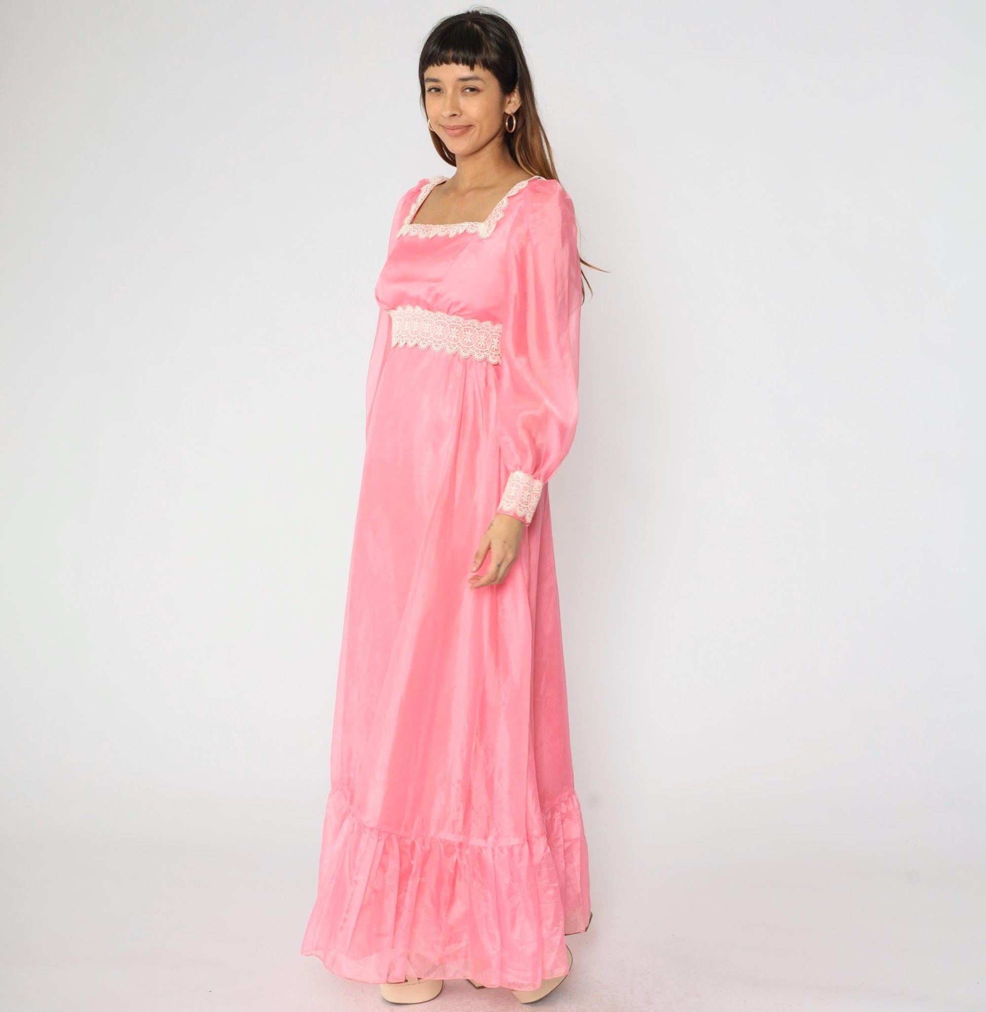 70s Pink Taffeta Evening Gown Puff Sleeve Square Neck Empire Waist Small