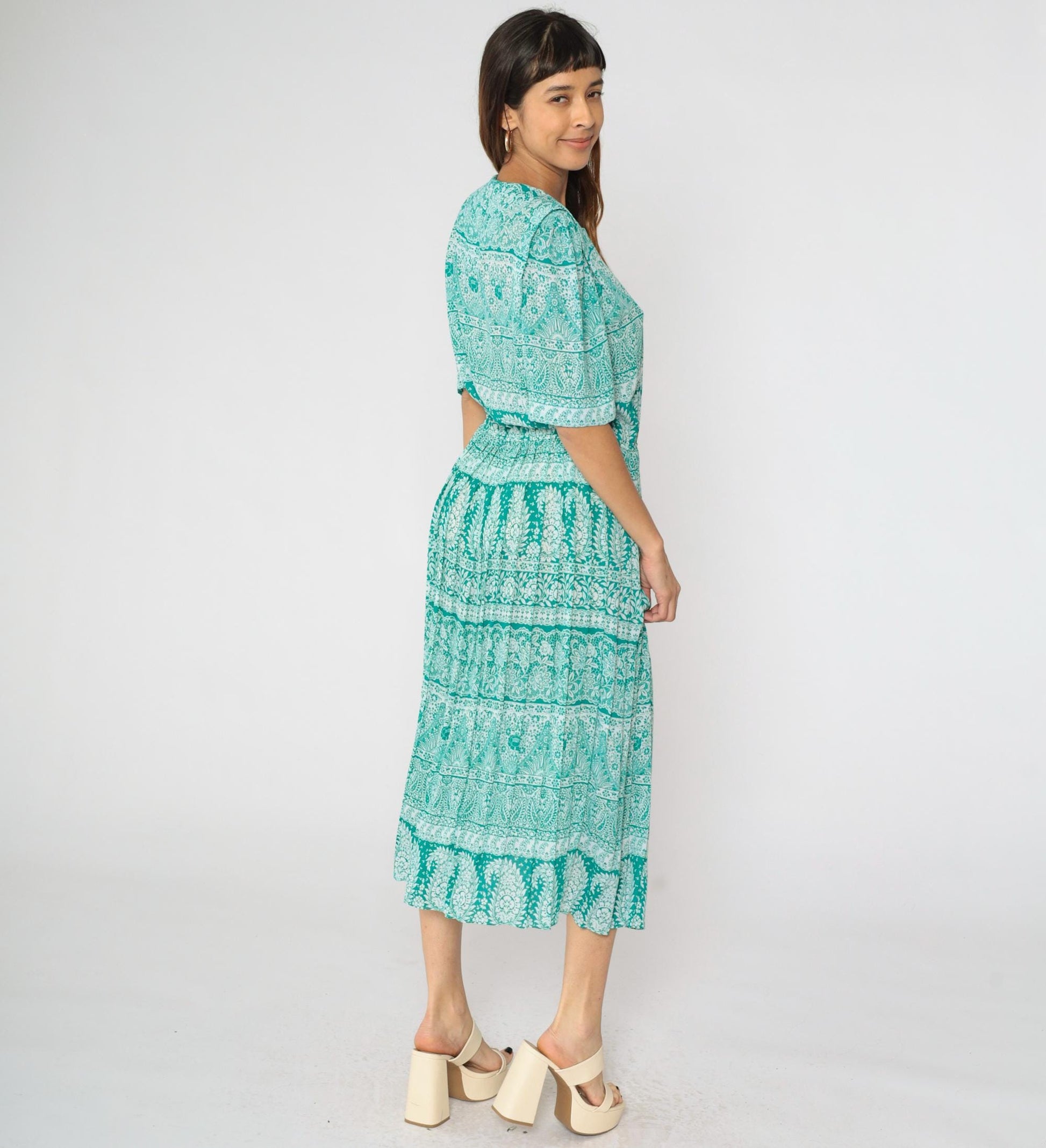 80s Green Paisley Midi Shirtwaist Dress High Waisted Pleated Short Sleeve Large L