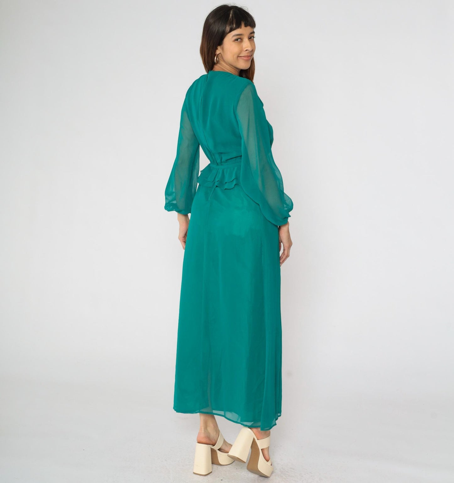 70s Teal Chiffon Maxi Dress High Waist Ruffle Sheer Sleeves Small
