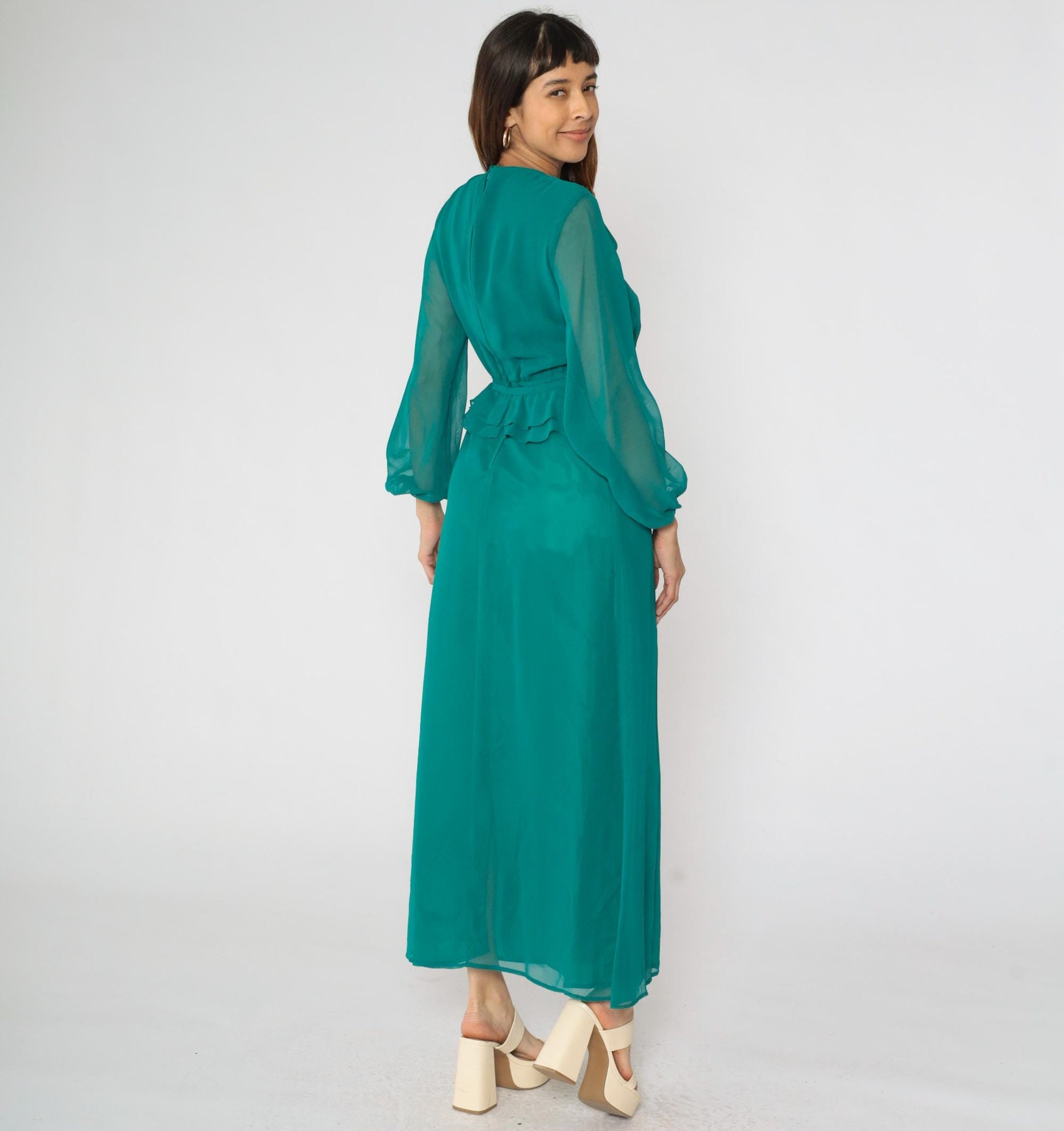 70s Teal Chiffon Maxi Dress High Waist Ruffle Sheer Sleeves Small