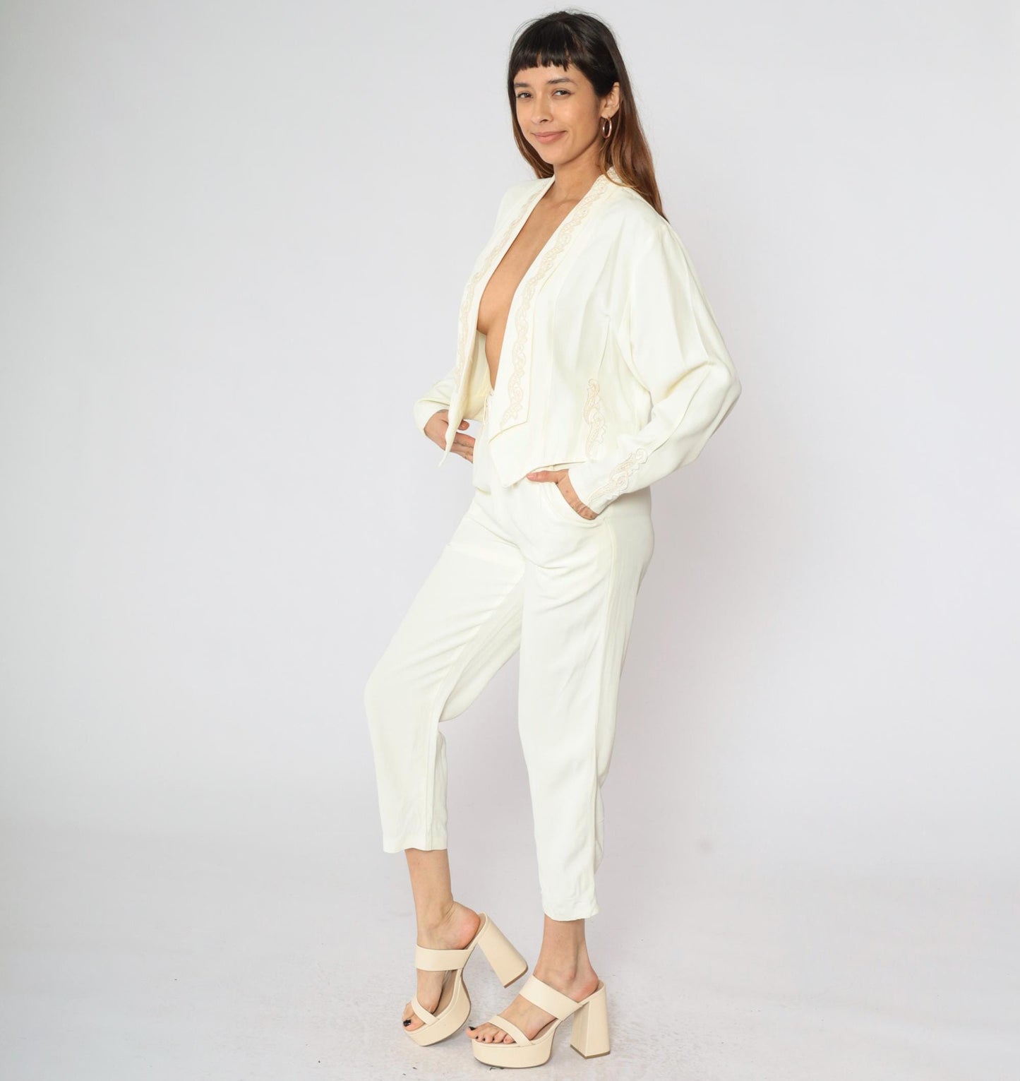 80s Two Piece Suit Cream Embroidered Blazer & Tapered Pants Set Small