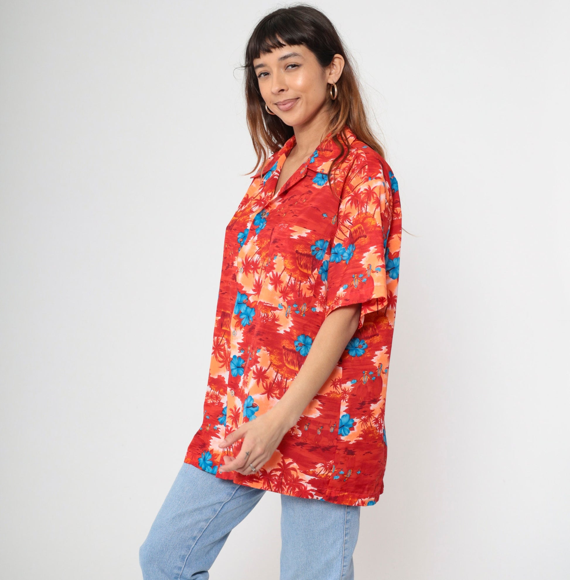 70s Hawaiian Shirt Tropical Floral Hula Dancer Palm Print Button Up Extra Large