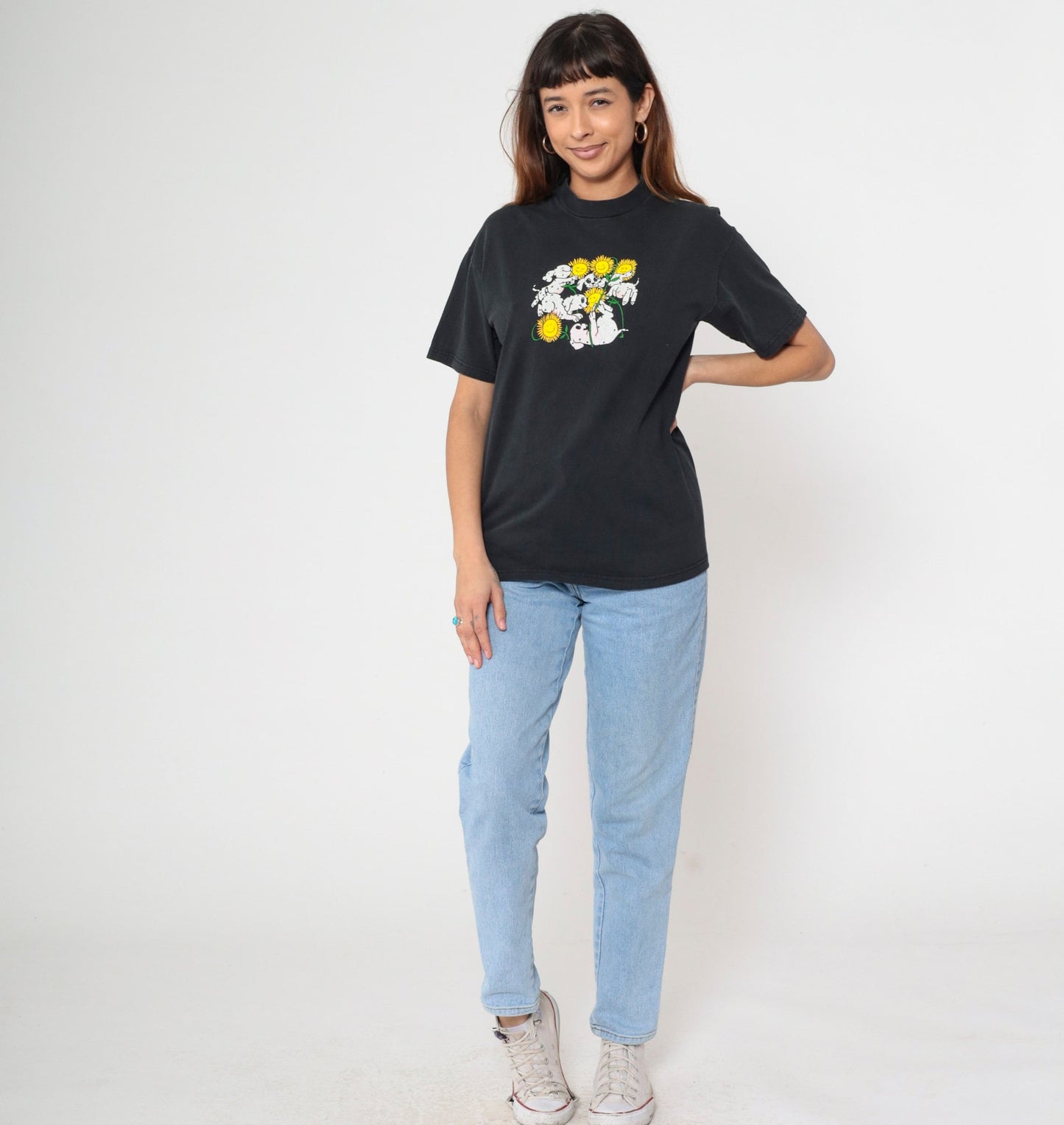 90s Dalmatian Puppy Sunflower Graphic T-Shirt Black Cotton Tee Medium