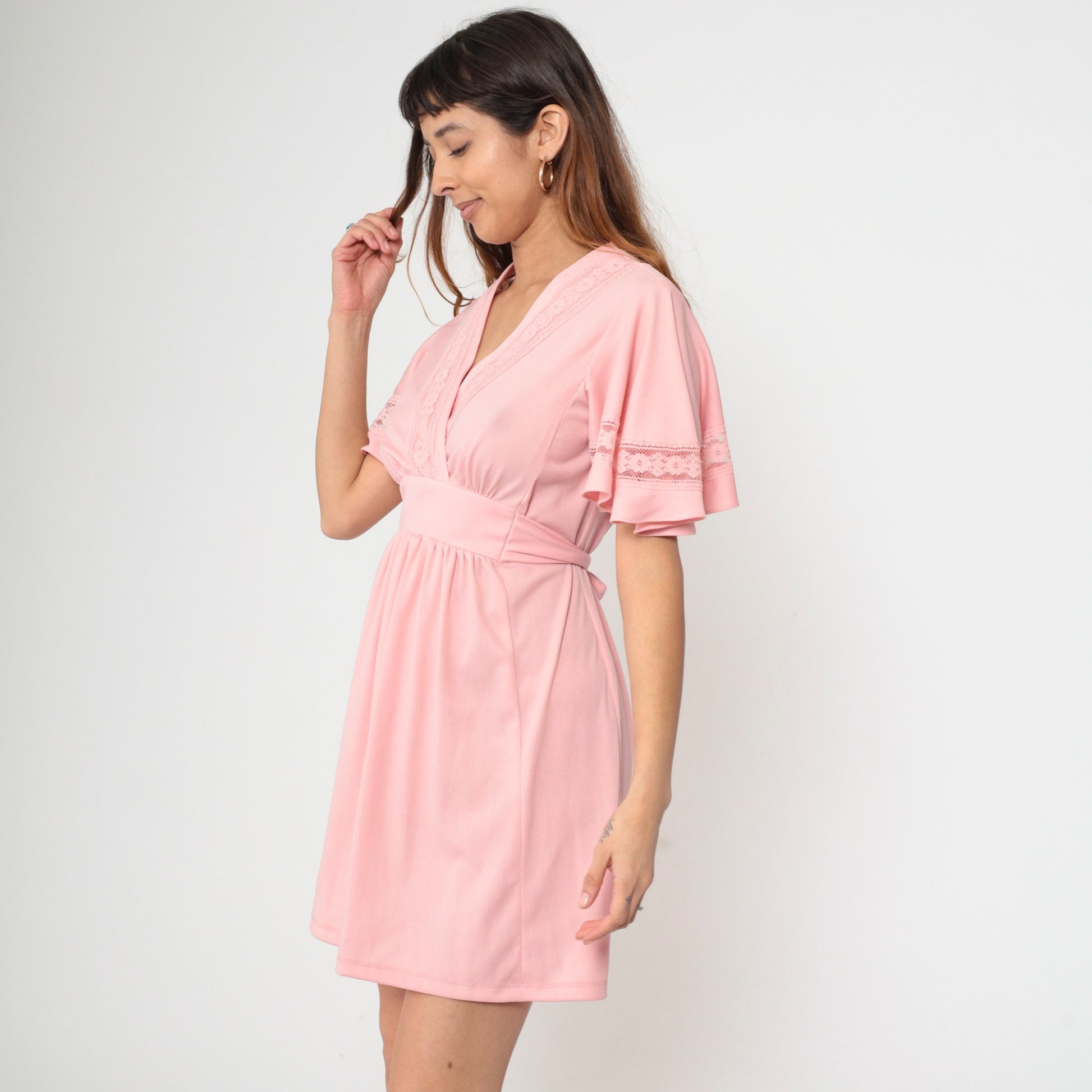 70s Pink Babydoll Dress Flutter Sleeve Empire Waist Mini V-Neck Small Medium