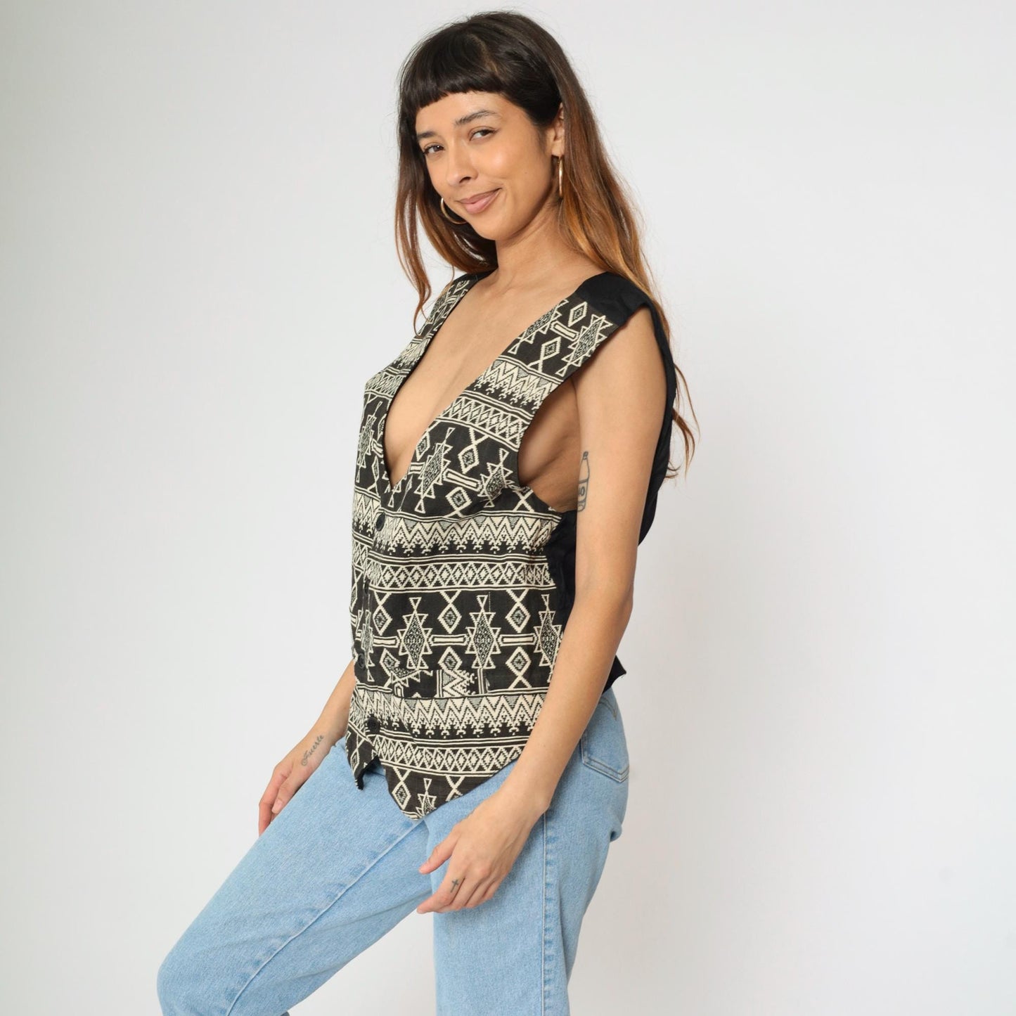 90s Southwestern Tapestry Vest Men's Button Up Sleeveless Black Cream Geometric Large L