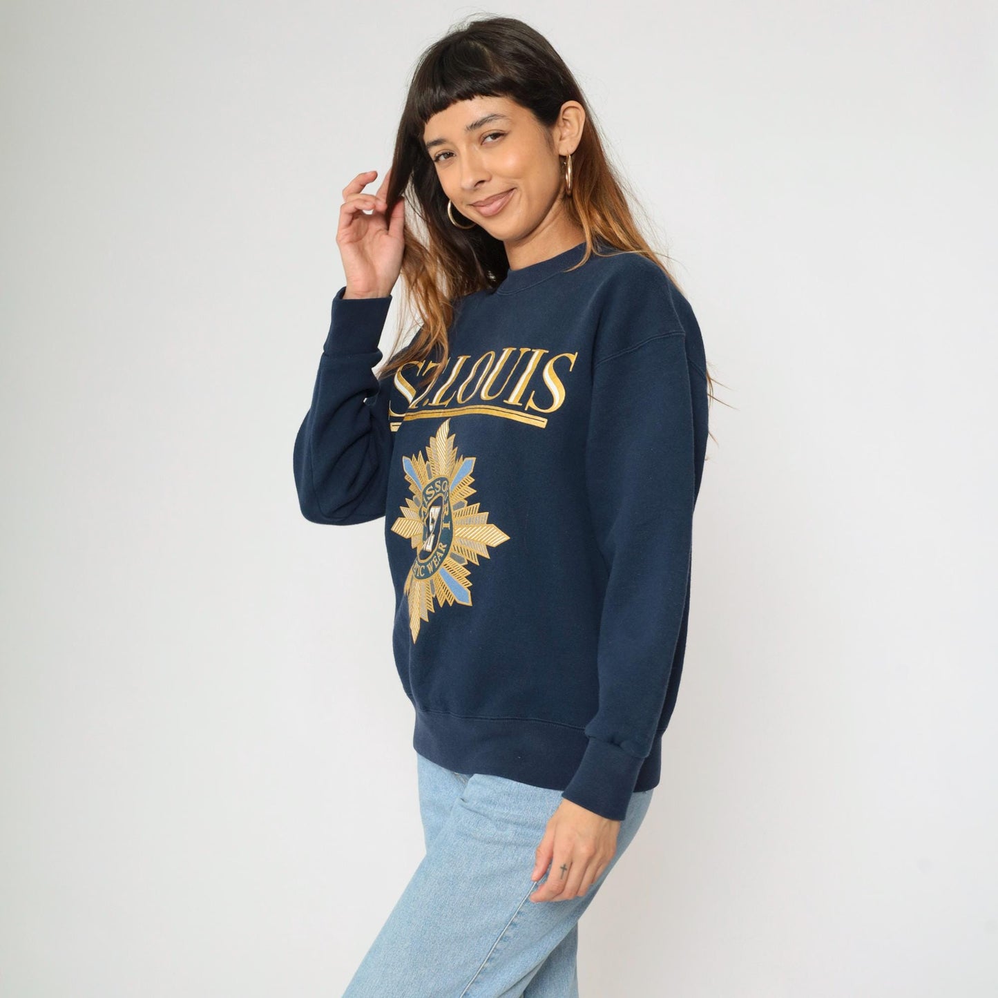 90s St. Louis Missouri Navy Crewneck Sweatshirt Gold Graphic Medium