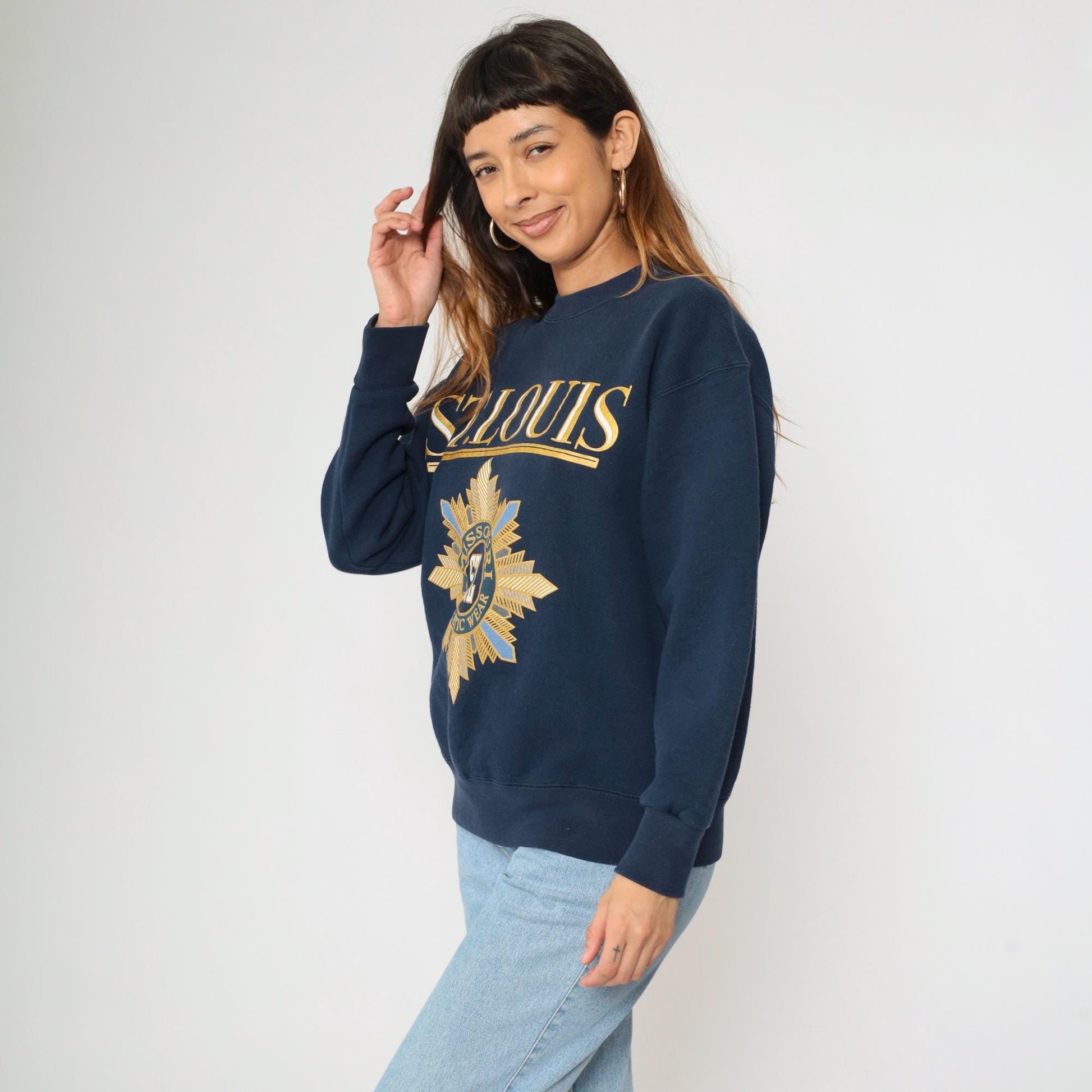 90s St. Louis Missouri Navy Crewneck Sweatshirt Gold Graphic Medium