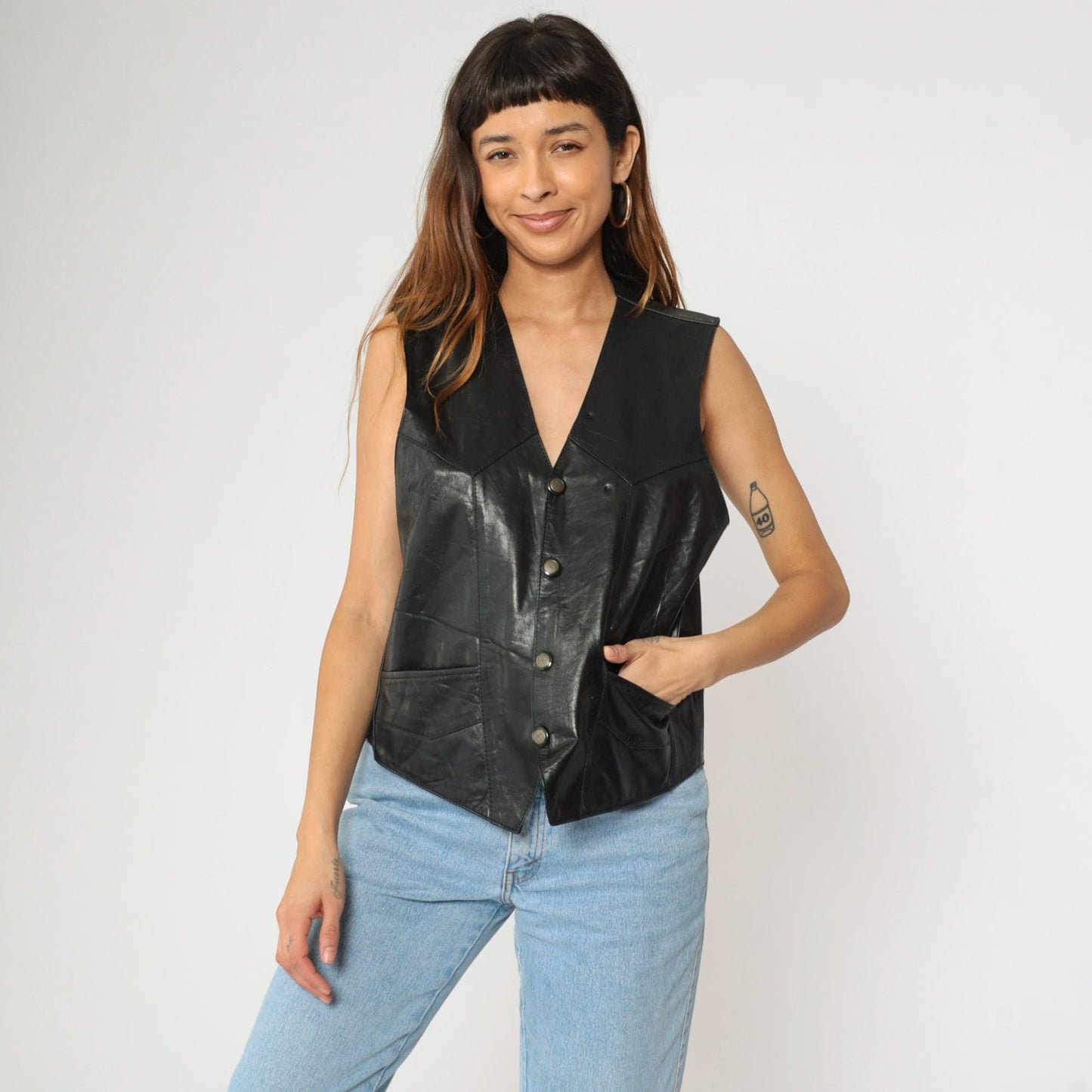 90s Black Leather Biker Vest Snap Front V Neck Sleeveless Medium