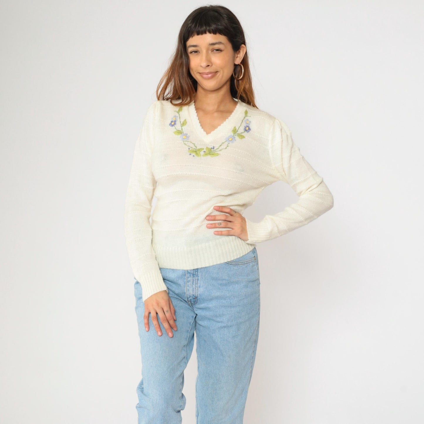 70s-80s Embroidered Floral Puff Sleeve Sweater Cream V-Neck Small