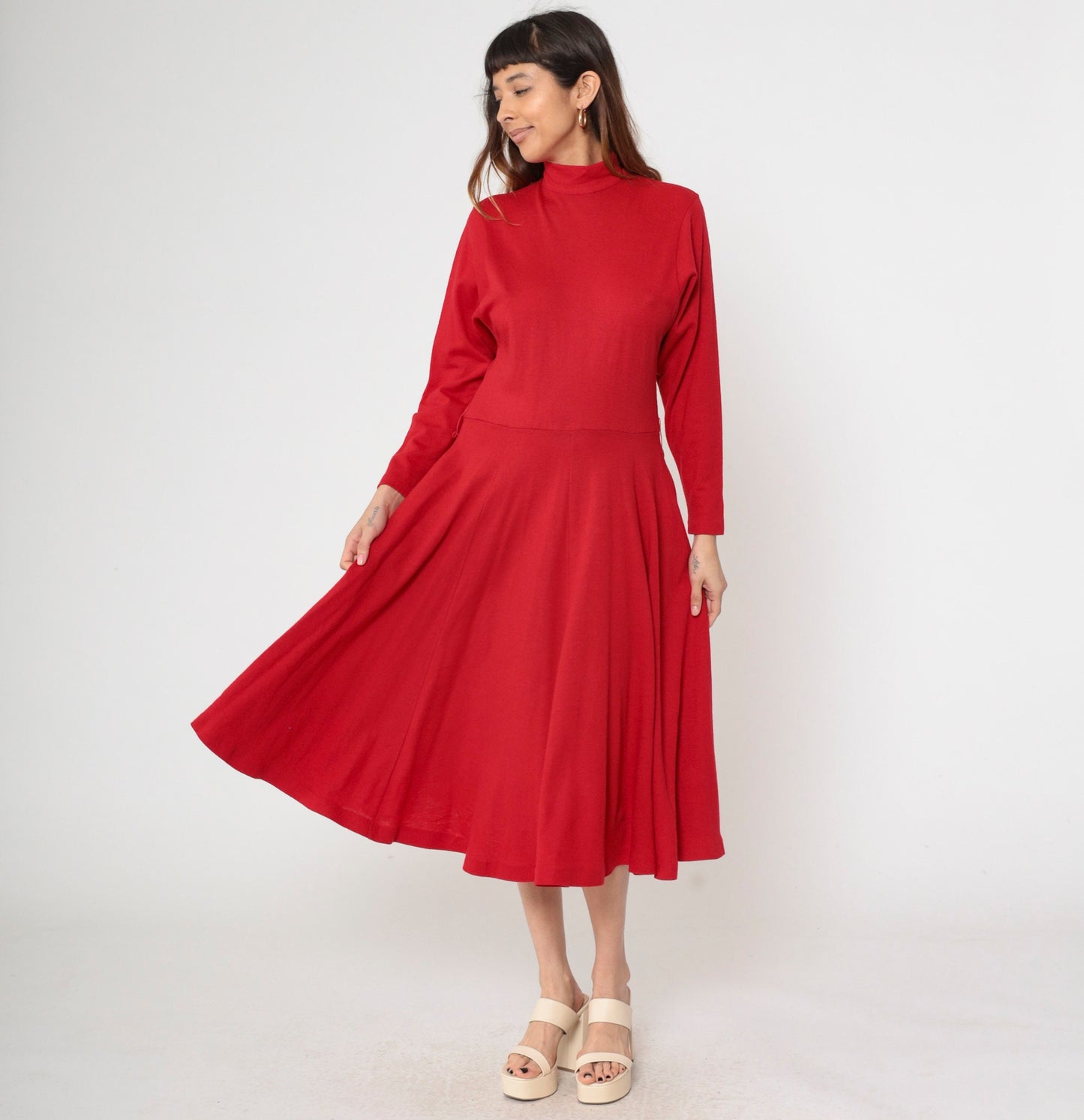 90s Karen Kane Red Wool Midi Dress Mock Neck Long Sleeve Small 4