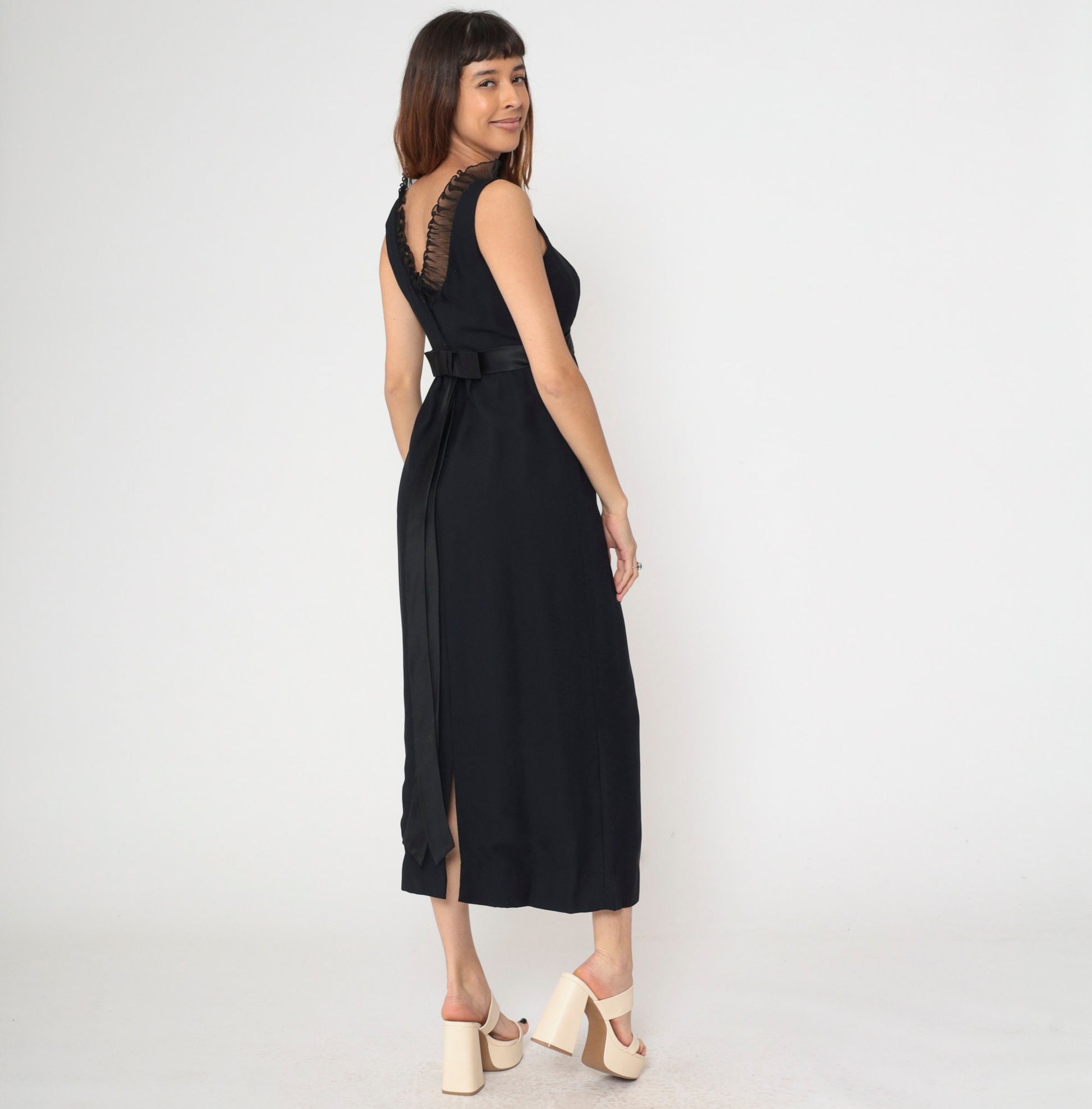 60s Black Empire Waist Maxi Dress Ruffled Neckline Satin Bow Small