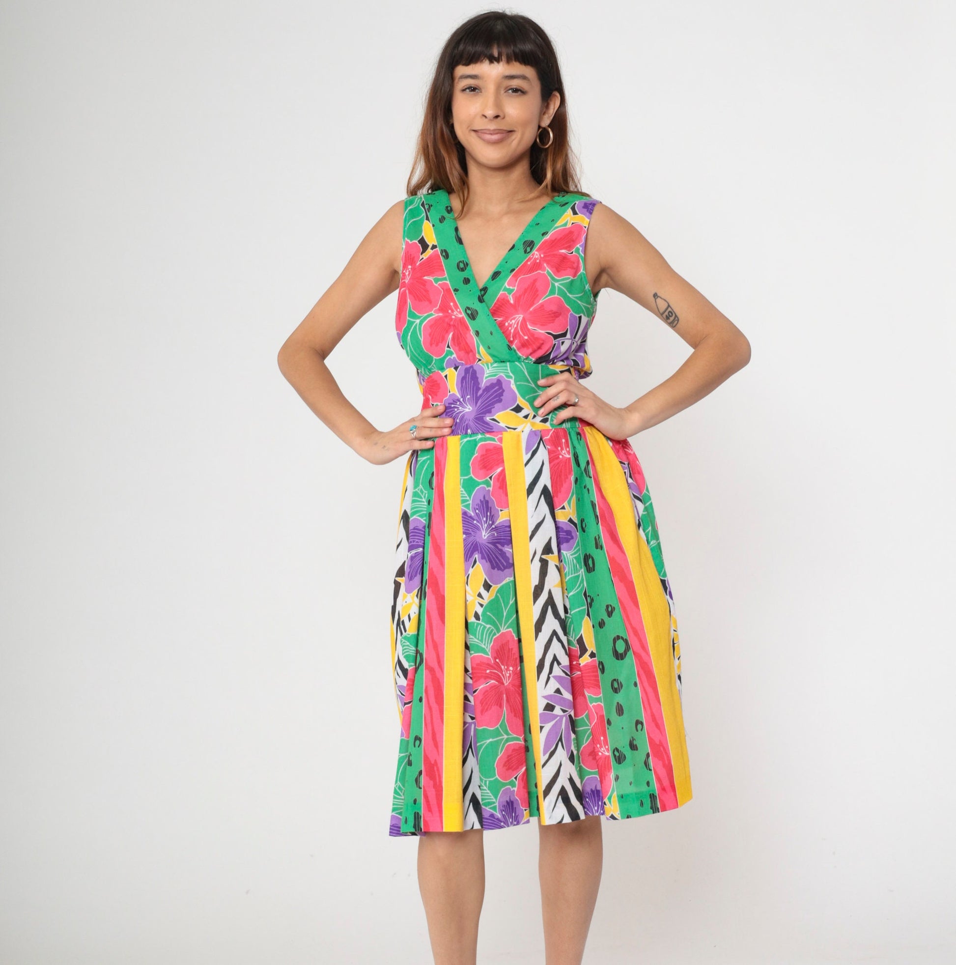 80s Melissa Lane Floral Stripe Midi Dress Smocked Waist V-Neck Small Medium