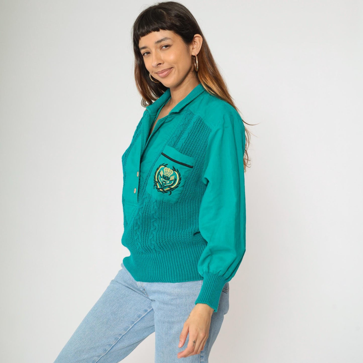 90s Teal Cable Knit Sweater Blouse Chest Pocket Ramie Cotton Medium