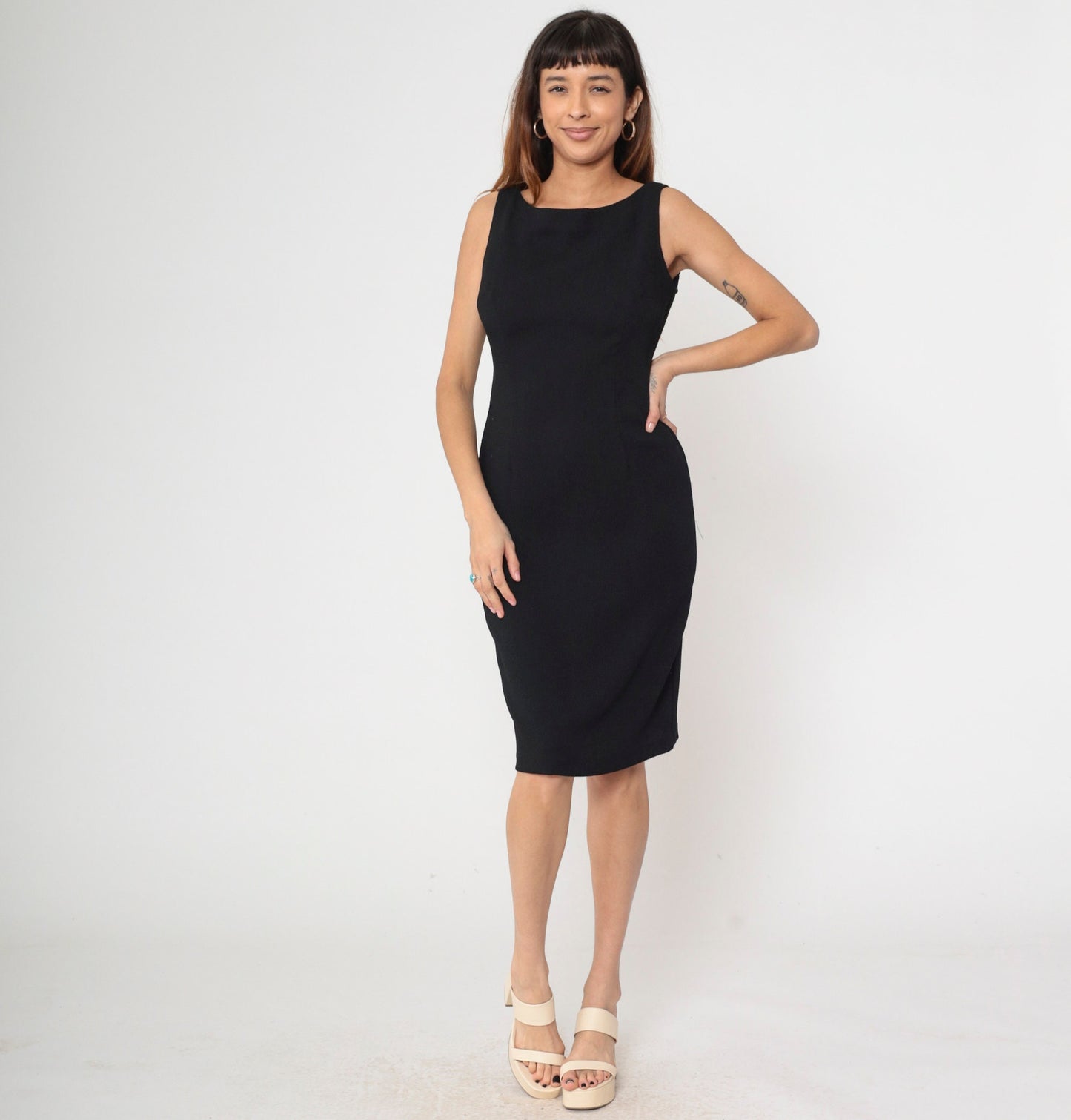 90s Black Mini Sheath Dress Sleeveless Boatneck Zipper Back Small