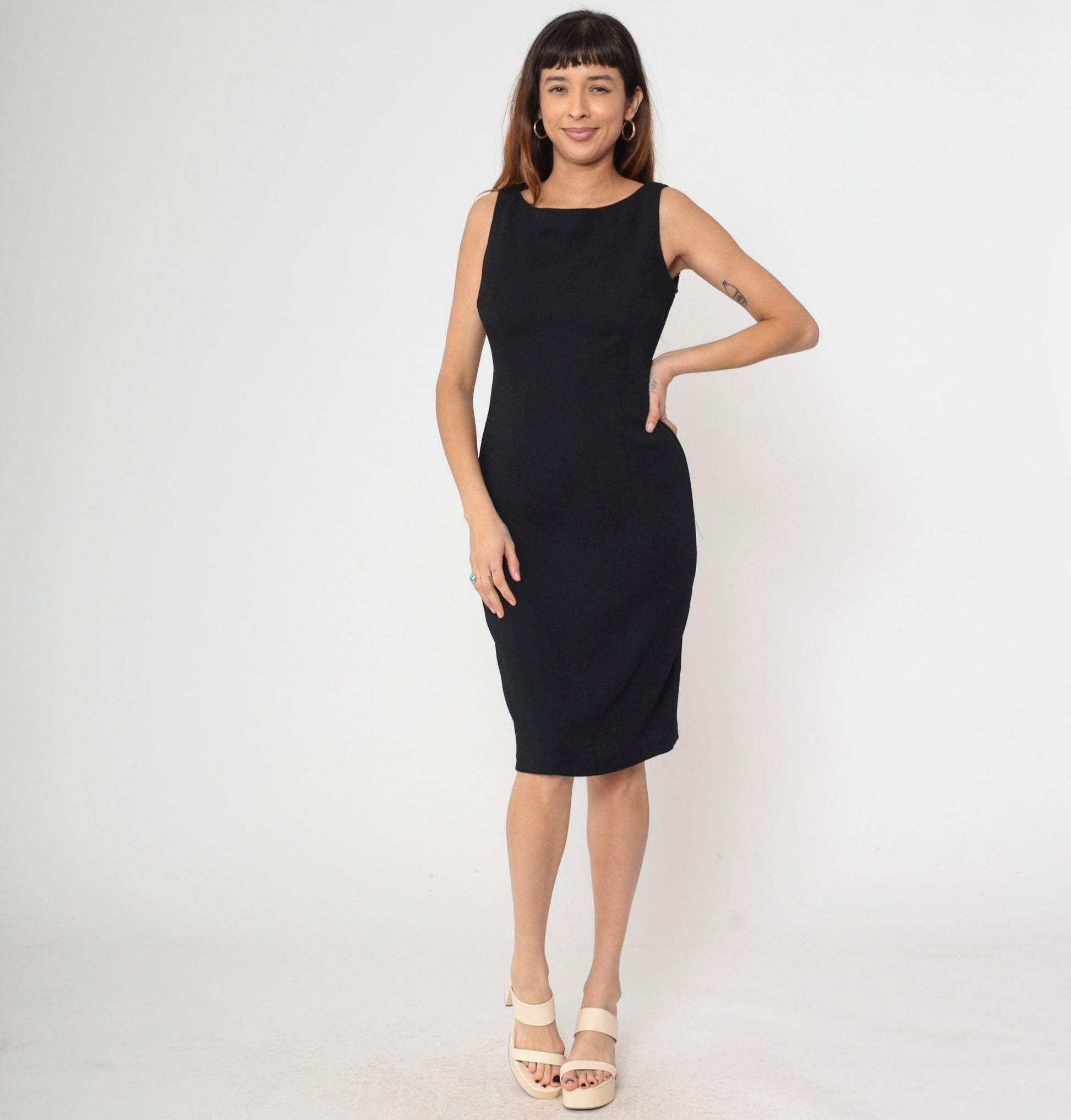90s Black Mini Sheath Dress Sleeveless Boatneck Zipper Back Small