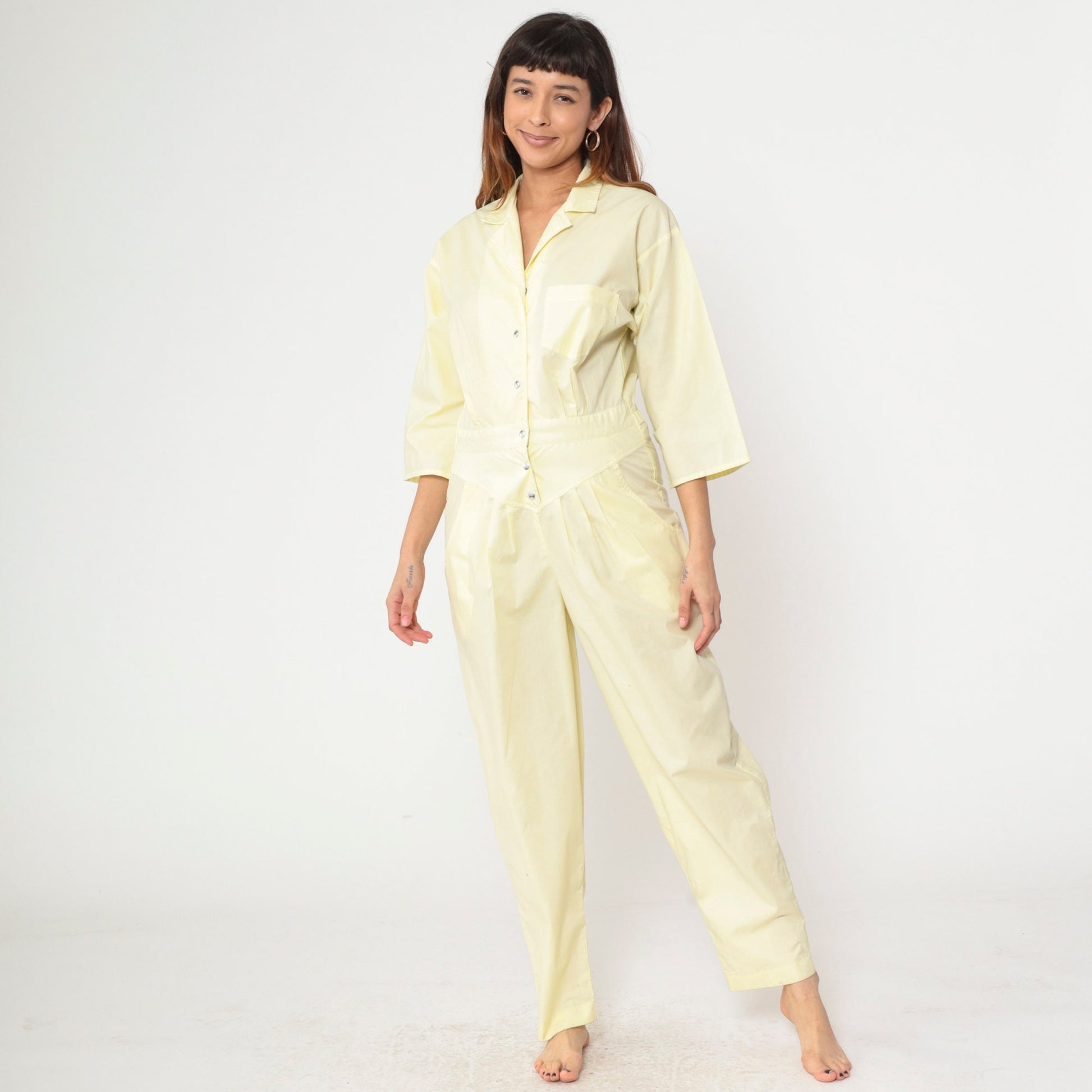 80s Yellow Jumpsuit Snap Button Tapered Leg Basque Waist Chest Pocket Medium