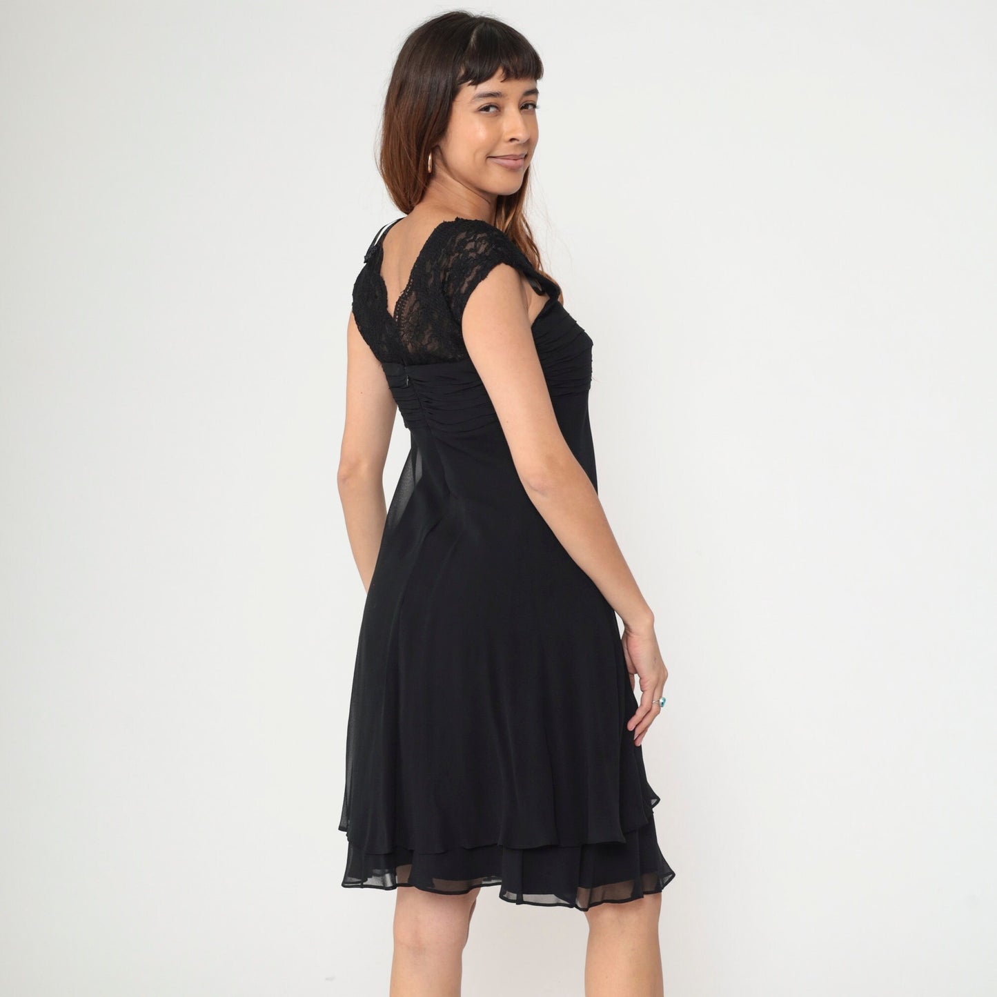 90s Donna Ricco Black Lace Silk Dress V-Neck Cap Sleeves Midi Small