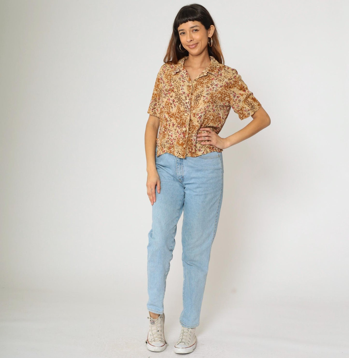 90s Kathie Lee Leopard Floral Button Up Blouse Tan Brown Short Sleeve Medium