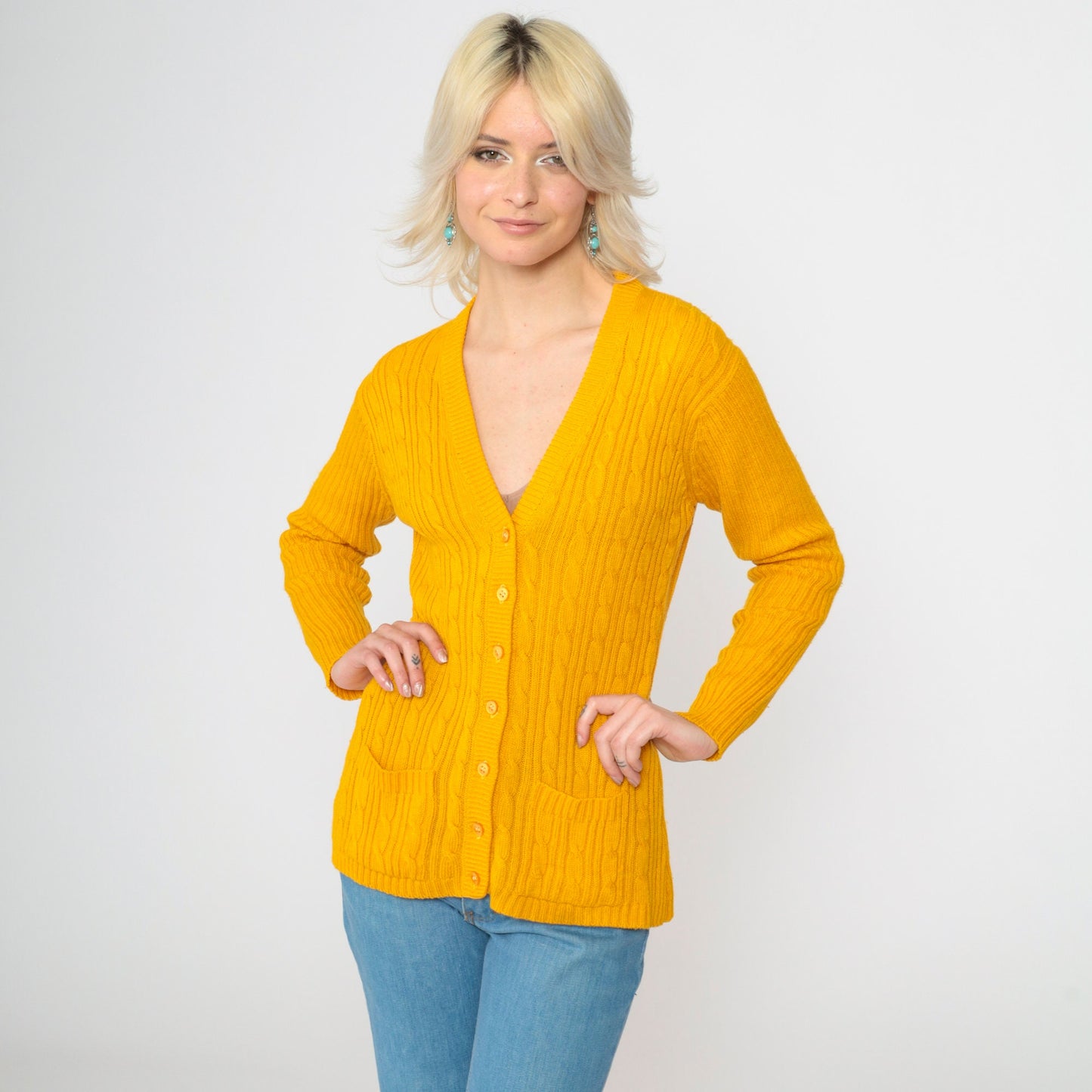 70s Tangerine Cable Knit Cardigan V Neck Button Up Orange Small