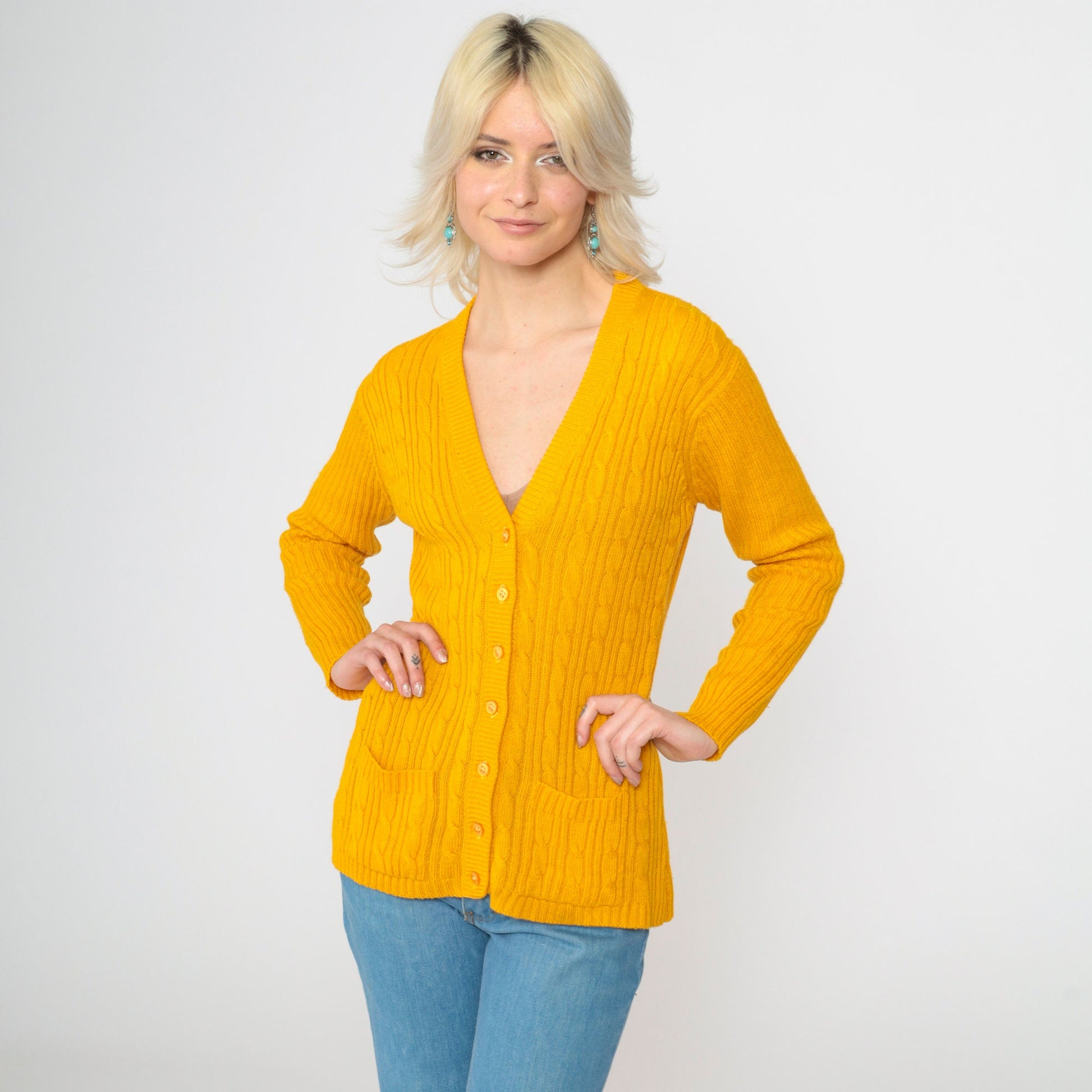 70s Tangerine Cable Knit Cardigan V Neck Button Up Orange Small