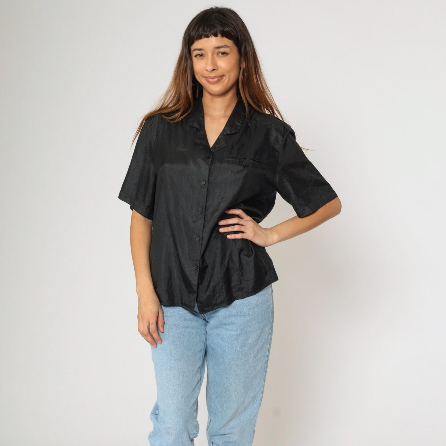 90s Black Polyester Button-Up Blouse Chest Pocket Short Sleeve Large L