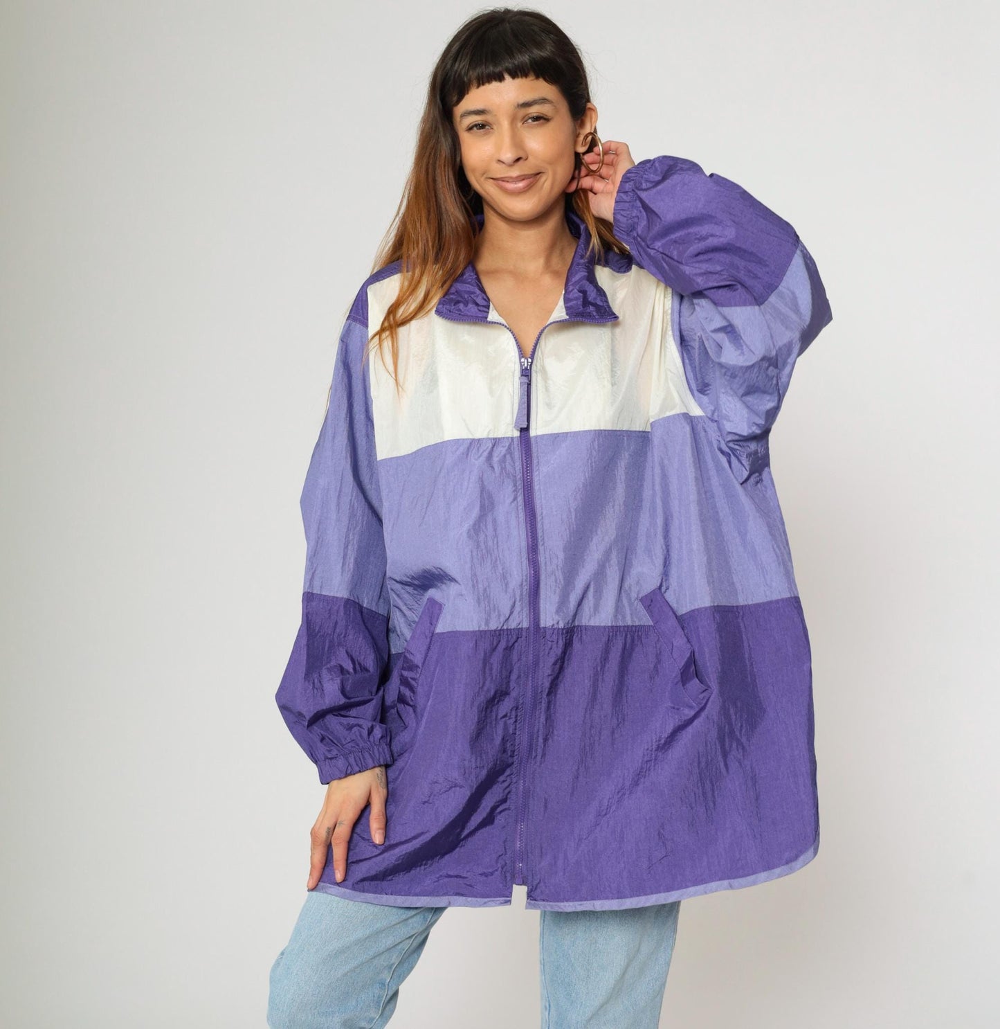 90s Purple White Colour Block Windbreaker Jacket Nylon Zip Plus Size XXL