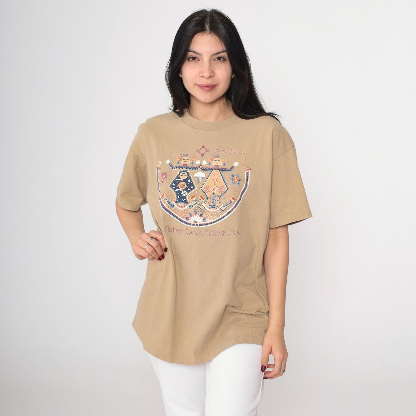 90s Arizona Native American Mother Earth Father Sky Graphic Tee Beige Cotton Large