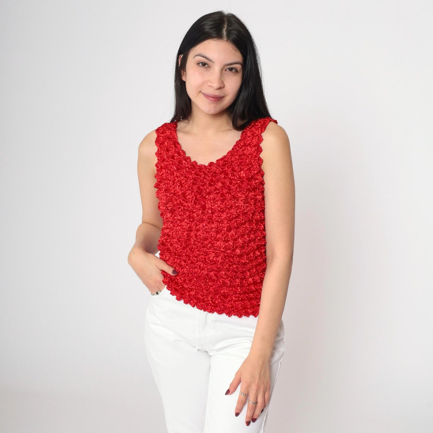 Y2K Red Popcorn Texture Tank Top Stretchy Sleeveless Blouse Small Medium Large