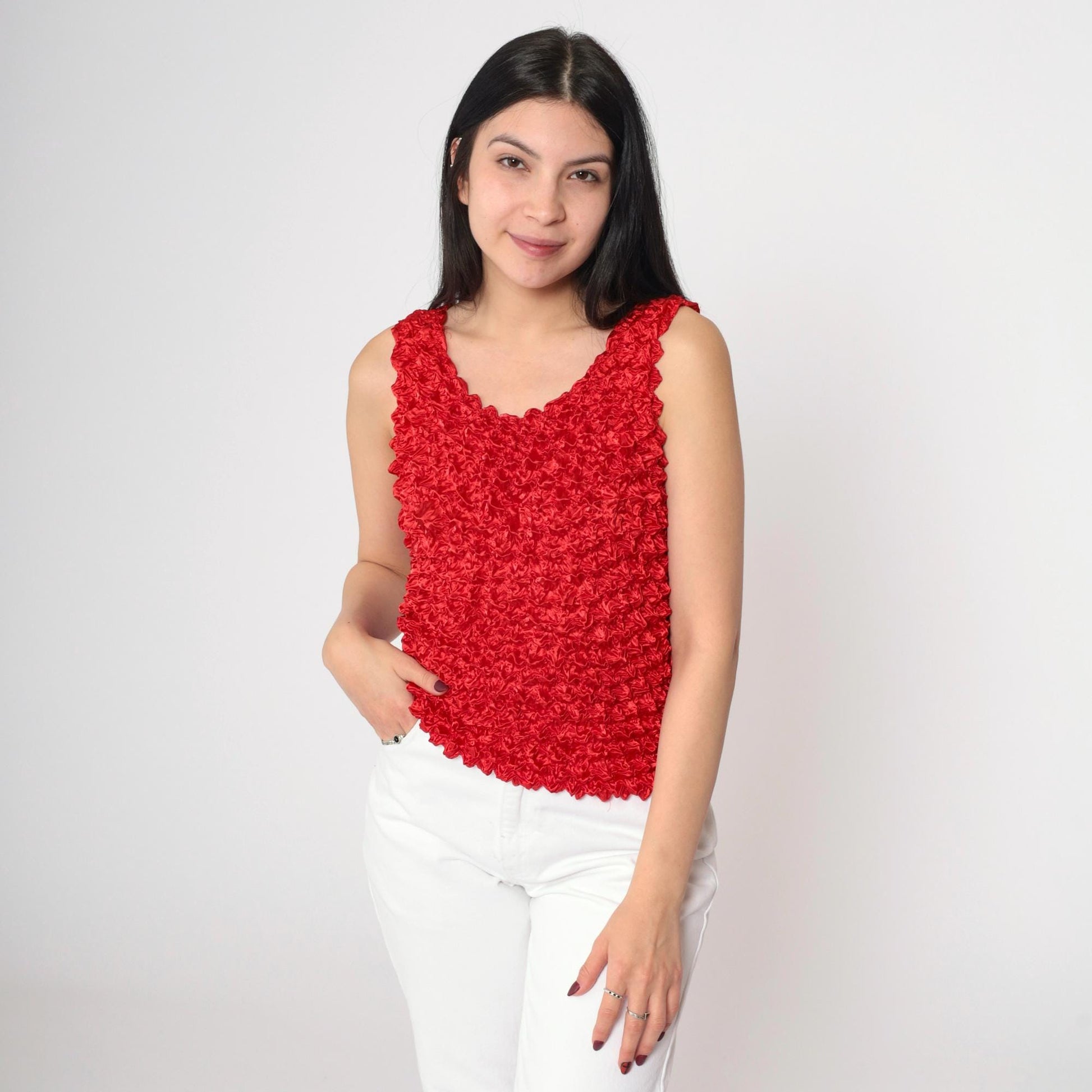 Y2K Red Popcorn Texture Tank Top Stretchy Sleeveless Blouse Small Medium Large