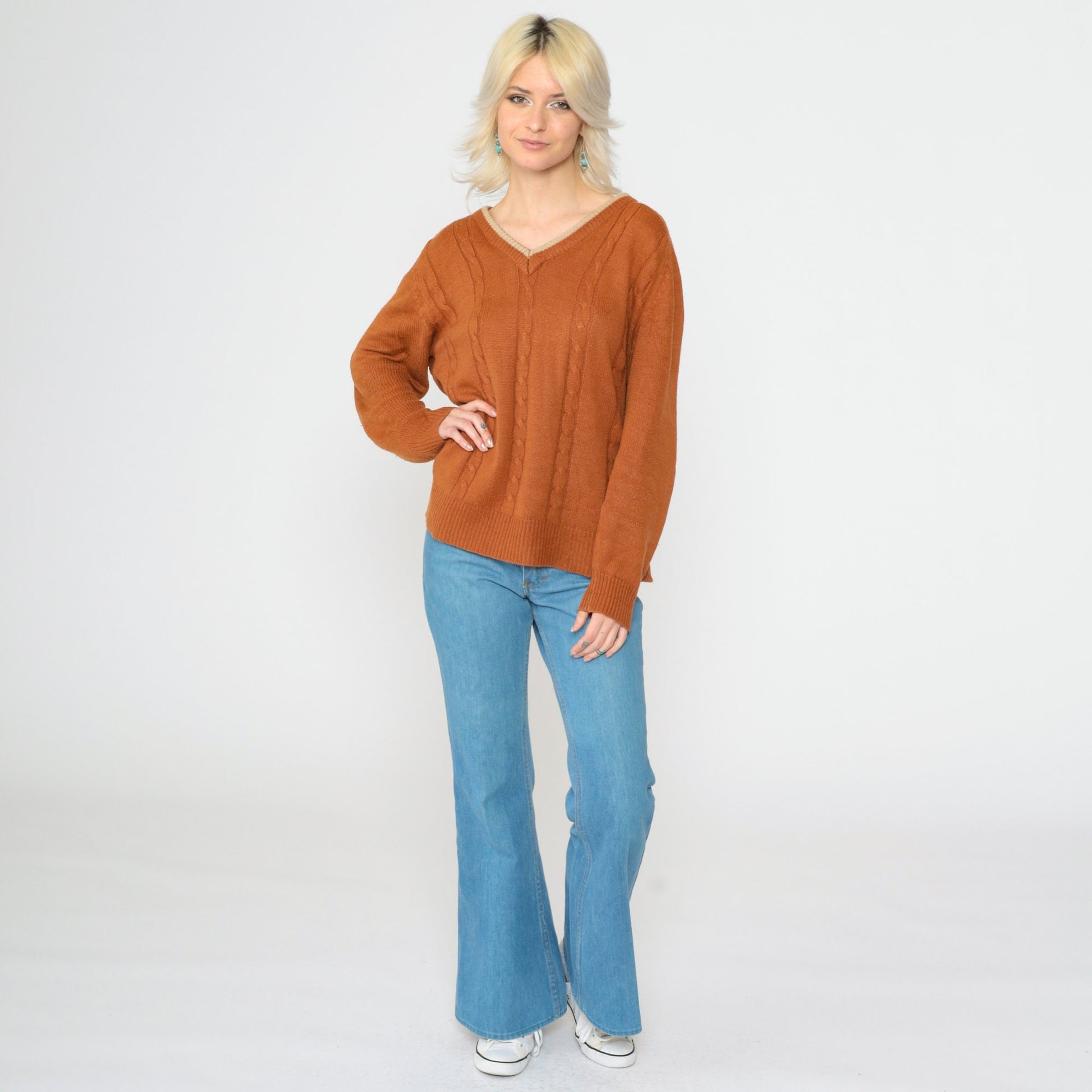 70s Van Cortt Cable Knit V-Neck Sweater Burnt Orange Pullover Large