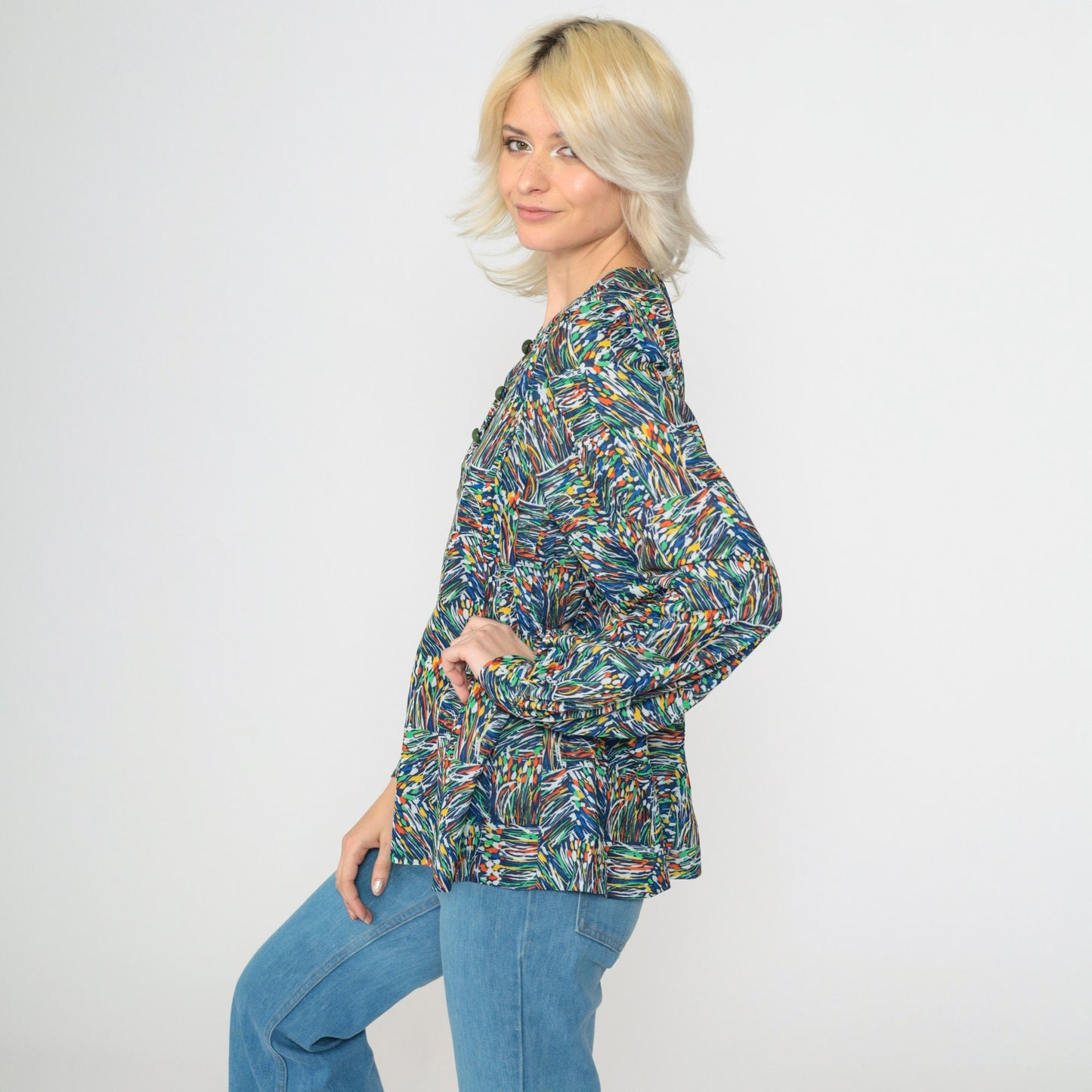 70s Blue Abstract Floral Puff Sleeve Button Up Blouse Small