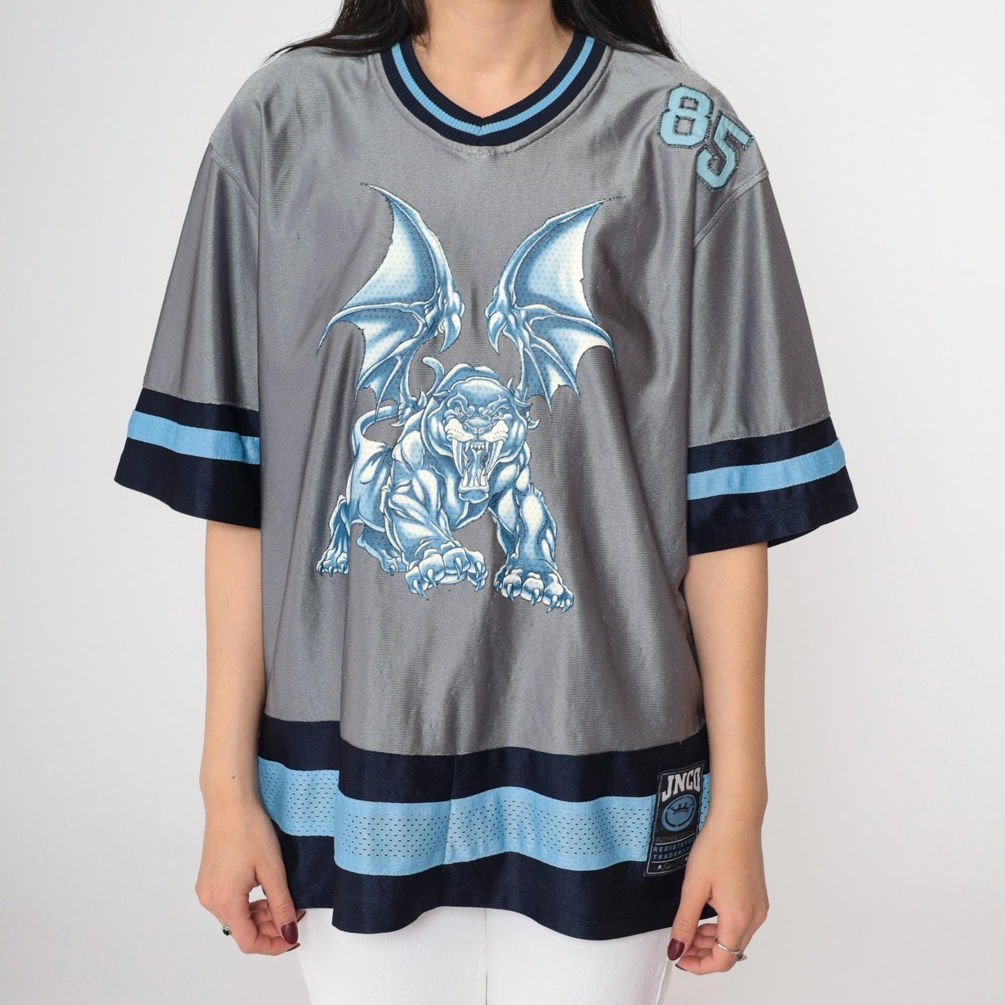 Y2K JNCO Winged Sabertooth Gargoyle Jersey Grey Blue V-Neck Small S