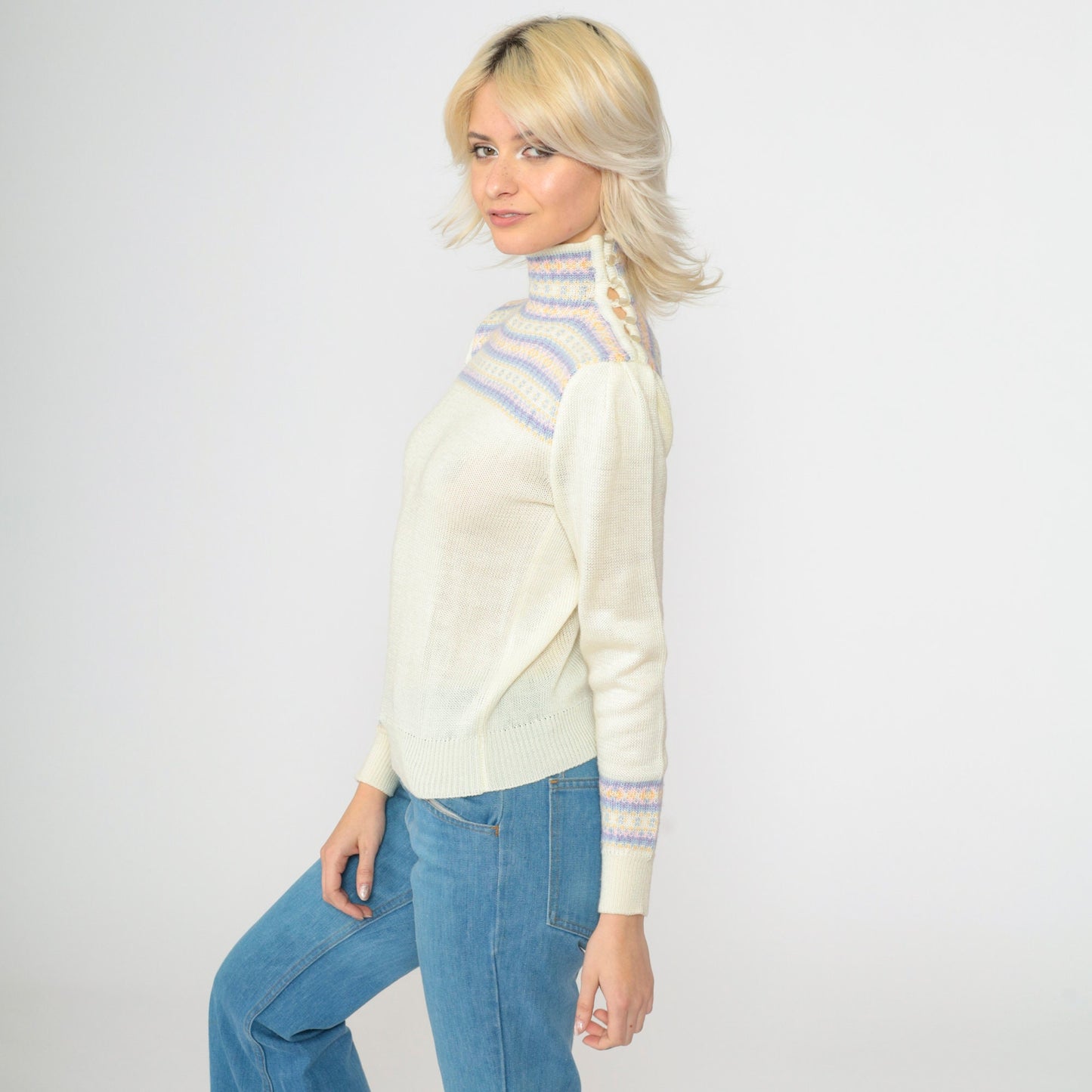 80s Fair Isle Sweater Ivory Puff Sleeve High Neck Knit Pullover Extra Small