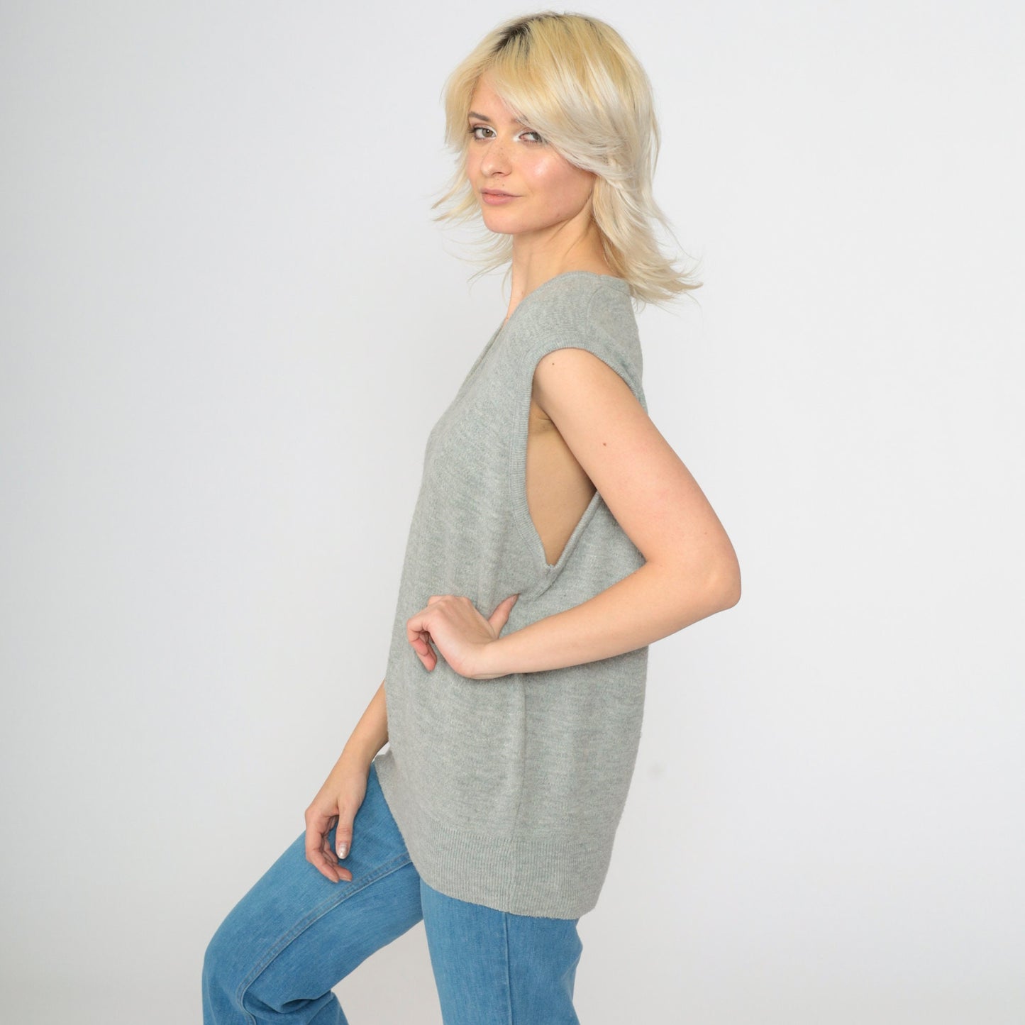 80s Grey V-Neck Sweater Vest Knit Tank Sleeveless Large