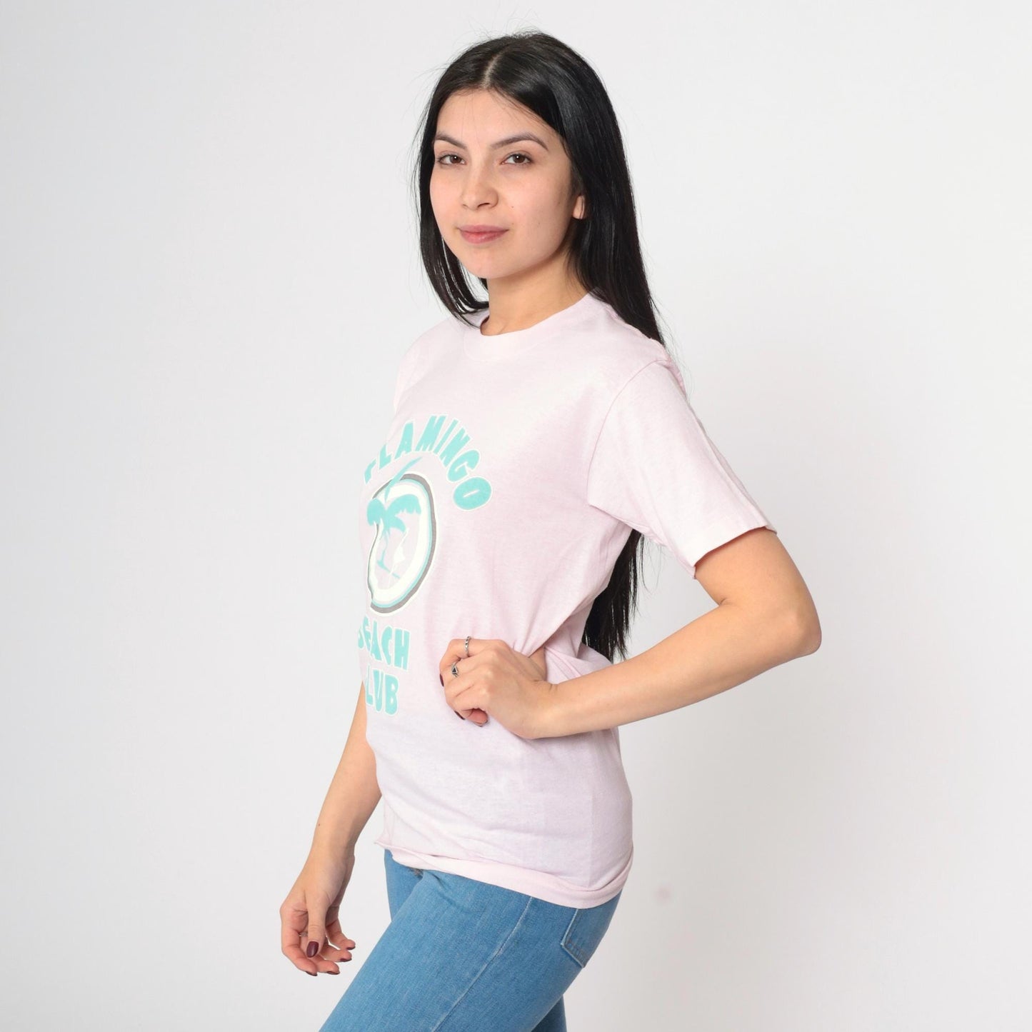 80s Pink Flamingo Beach Club Graphic Tee Single Stitch Crewneck Extra Small