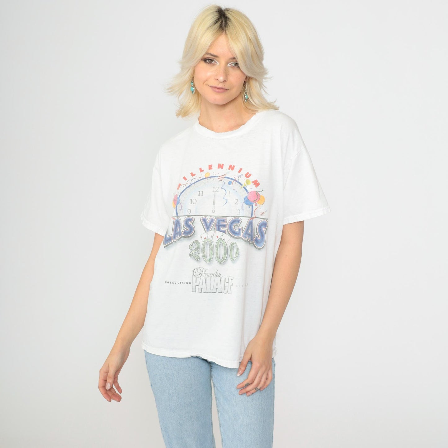 Y2K Las Vegas Nevada Palace Millennium Graphic Tee Distressed Cotton Medium
