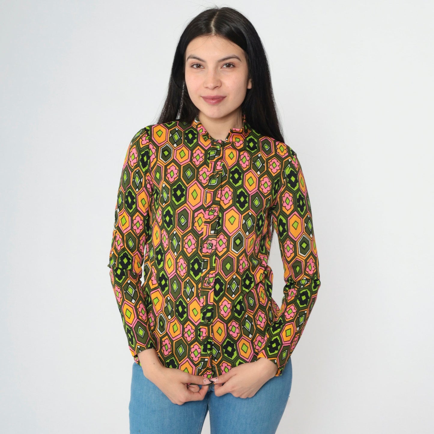 70s Psychedelic Floral Blouse Mandarin Collar Olive Green Pink Orange Small