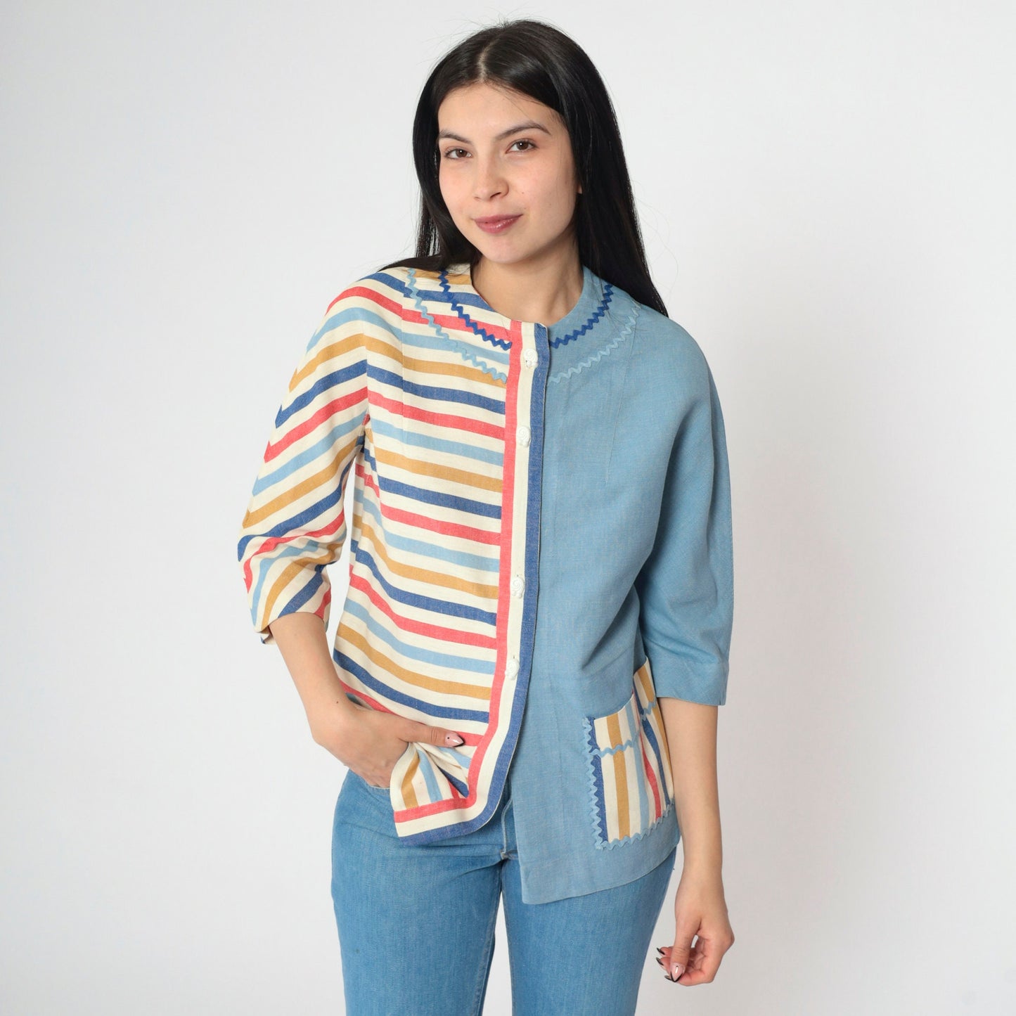 60s Striped Button-Up Blouse Blue Multicolor Rickrack Trim Pocket Small S