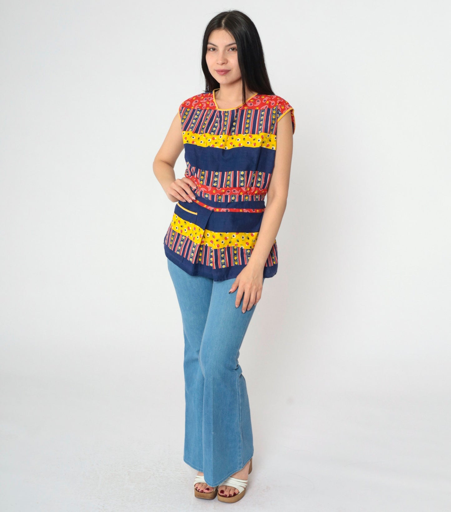 70s Patchwork Sleeveless Tunic Blouse Open Back Belted Yellow Navy Medium