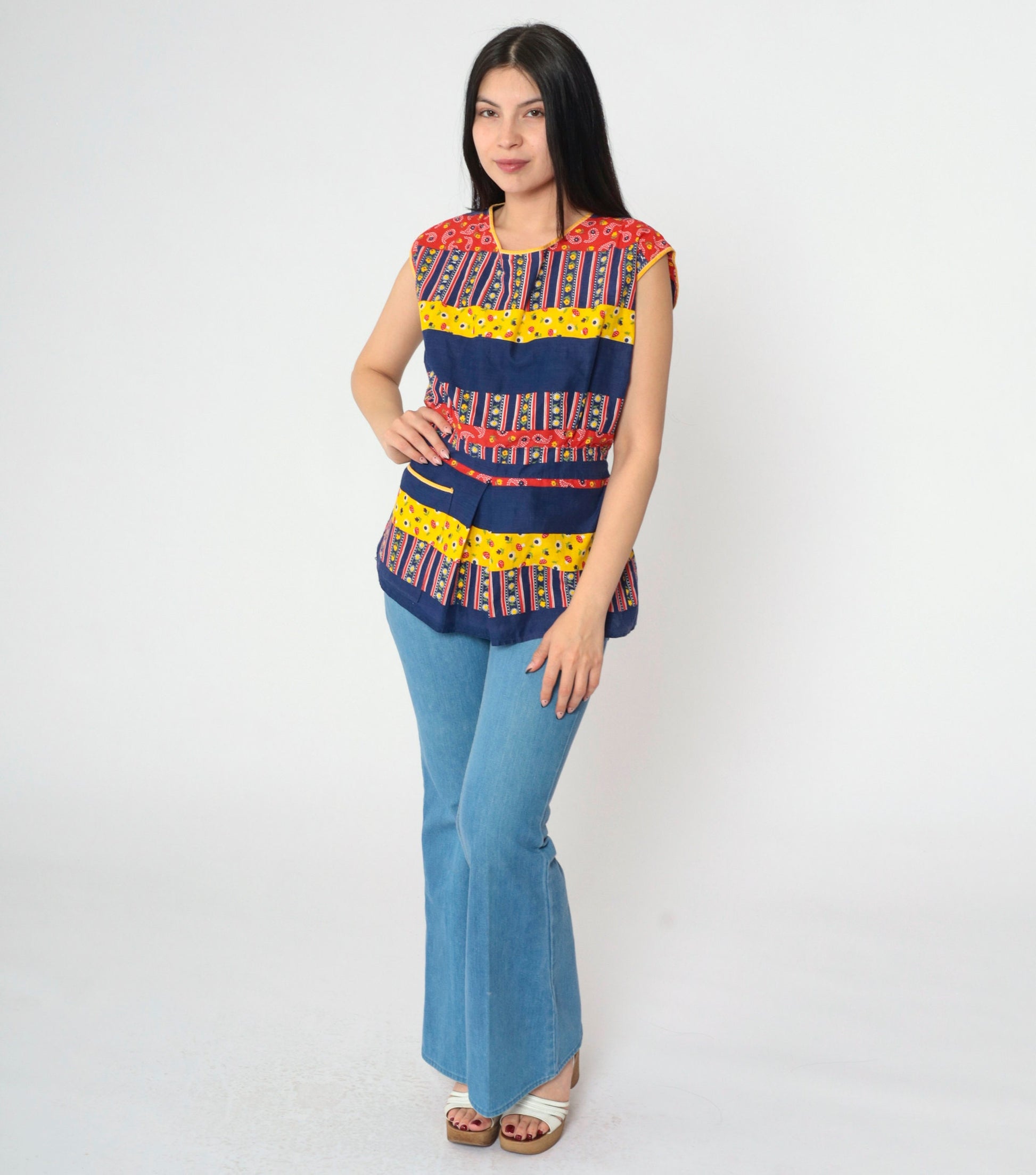 70s Patchwork Sleeveless Tunic Blouse Open Back Belted Yellow Navy Medium