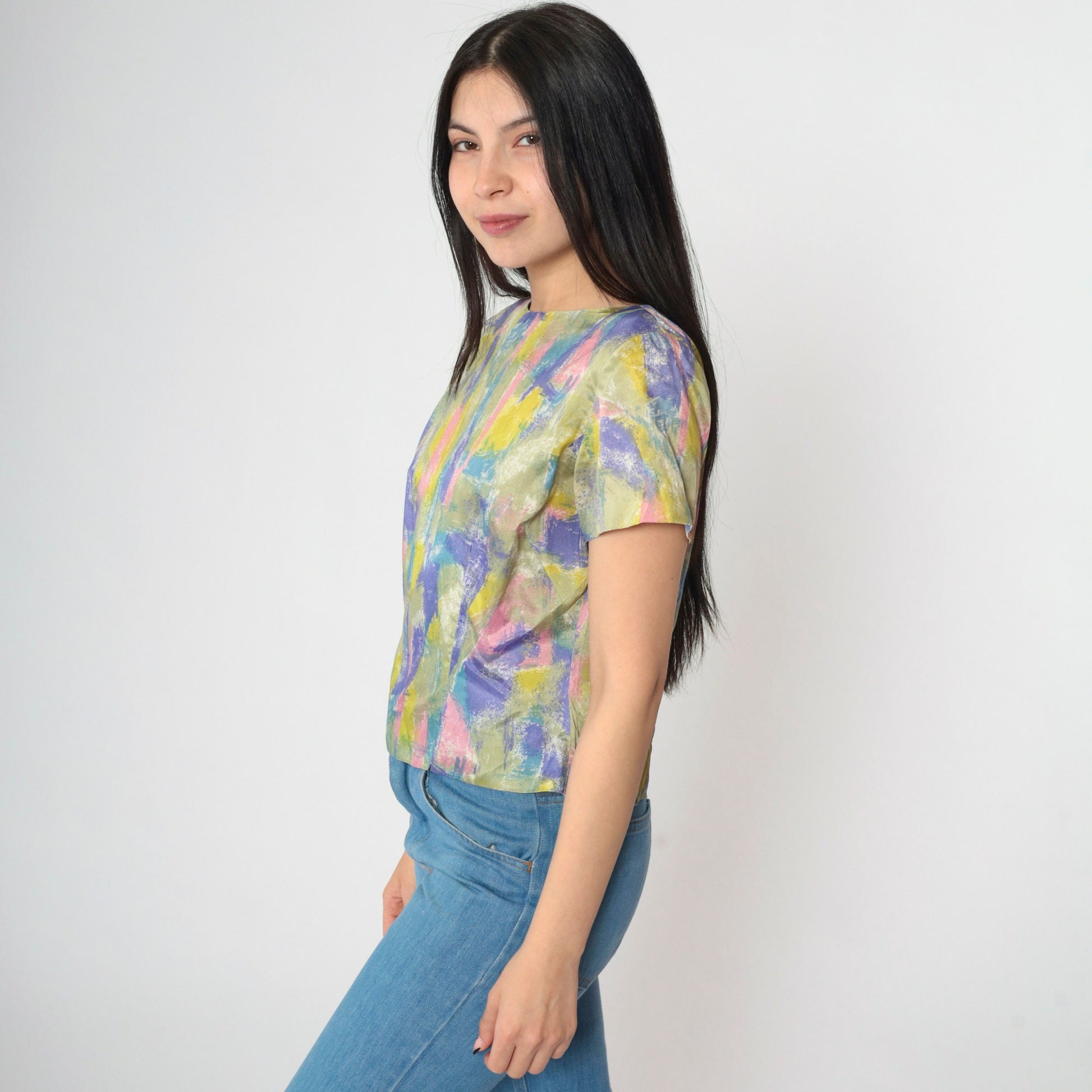 60s Judy Bond Abstract Brushstroke Blouse Multicolor Button Back Small
