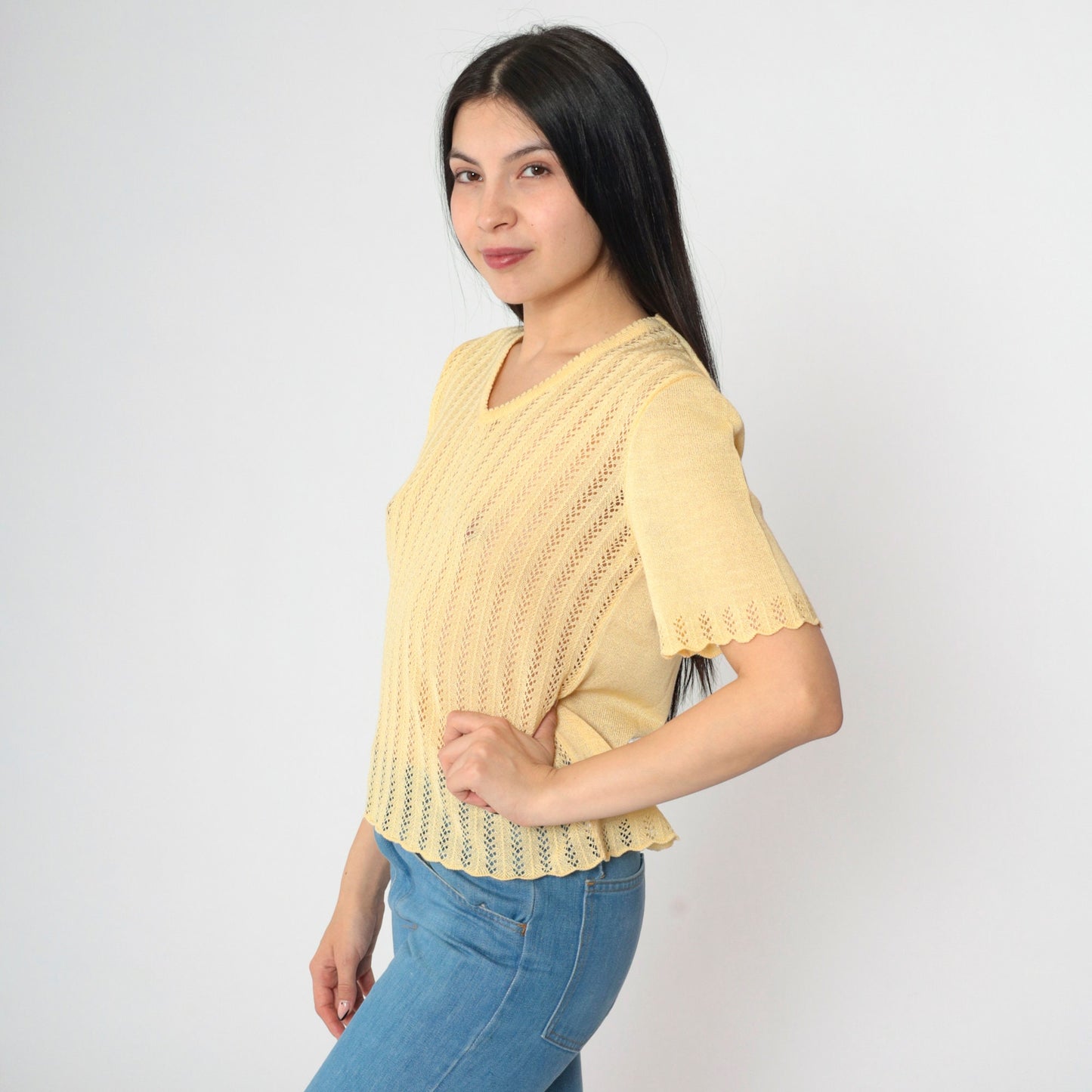 80s Yellow Open Weave Knit Sweater Top V-Neck Short Sleeve Small